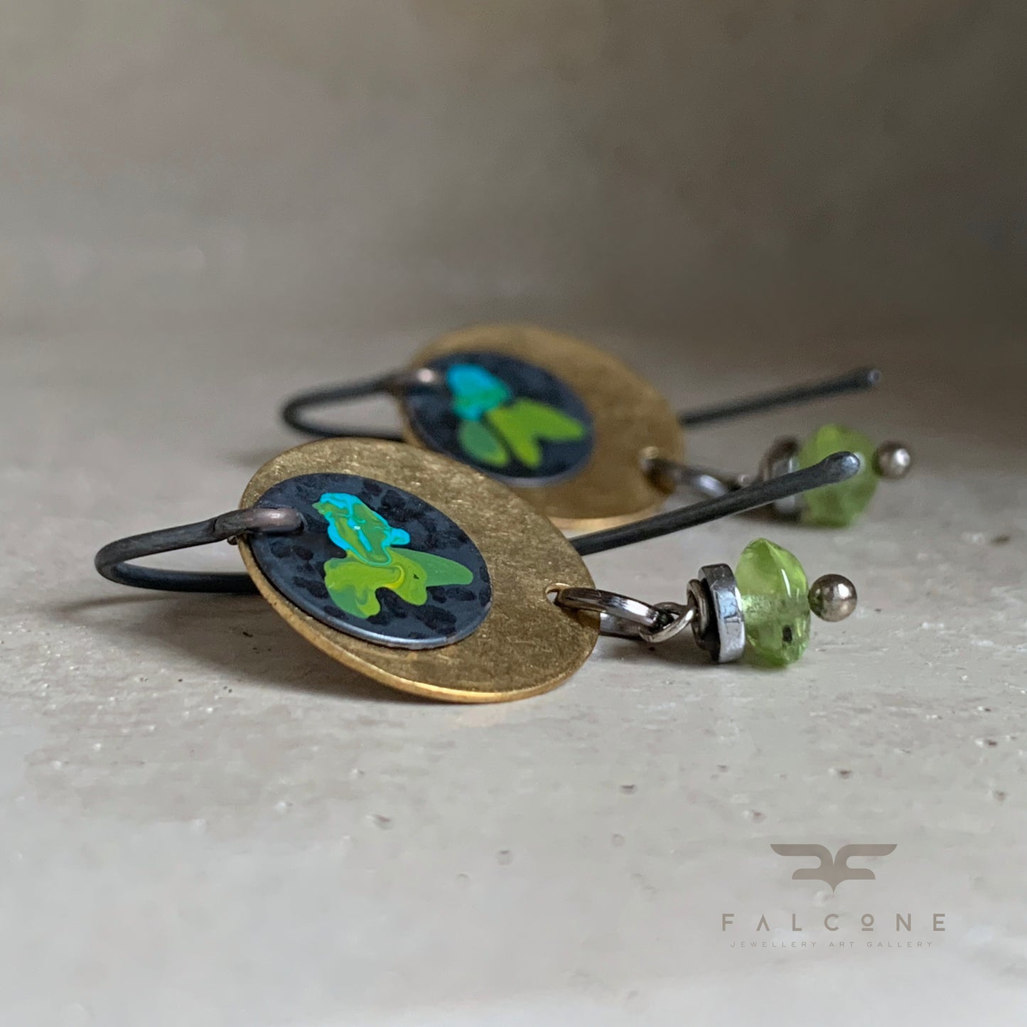 Brass, Peridot, and Silver Earrings 'Field Flowers - Turquoise & Green in Gold'