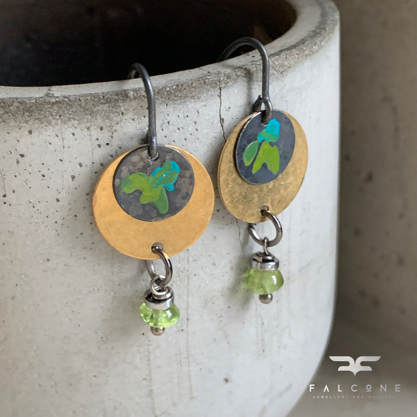 Brass, Peridot, and Silver Earrings 'Field Flowers - Turquoise & Green in Gold'