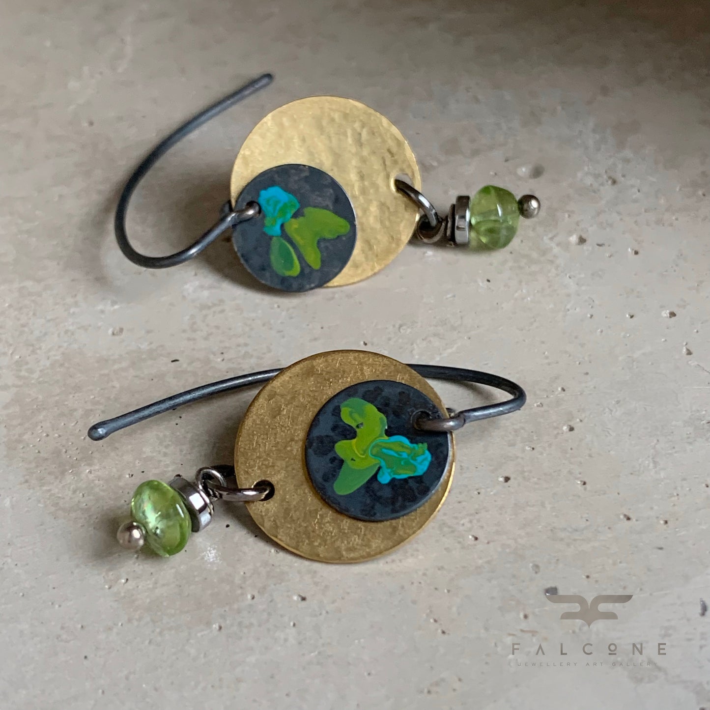 Brass, Peridot, and Silver Earrings 'Field Flowers - Turquoise & Green in Gold'