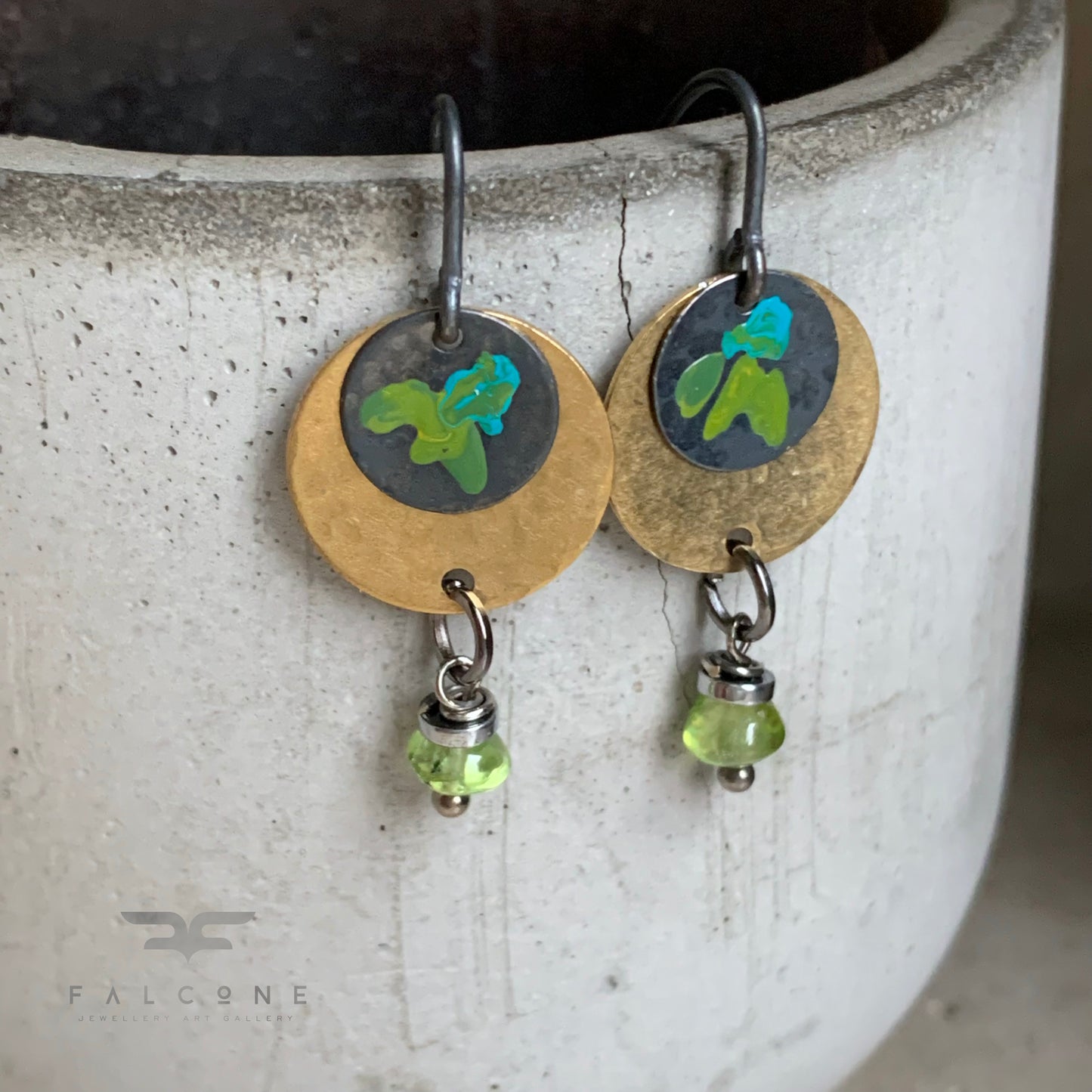 Brass, Peridot, and Silver Earrings 'Field Flowers - Turquoise & Green in Gold'