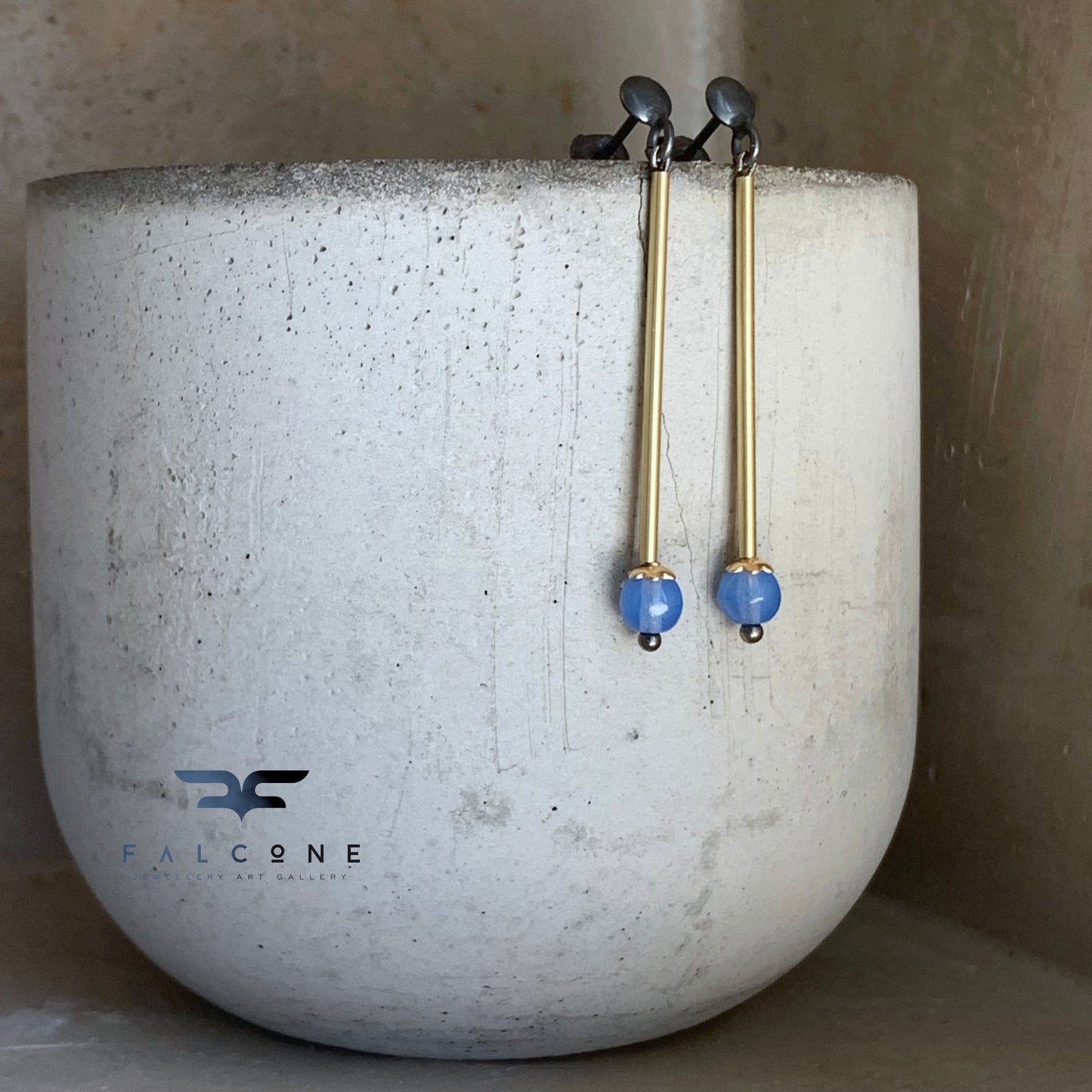 Earrings of brass, silver and glass 'Golden Rays'