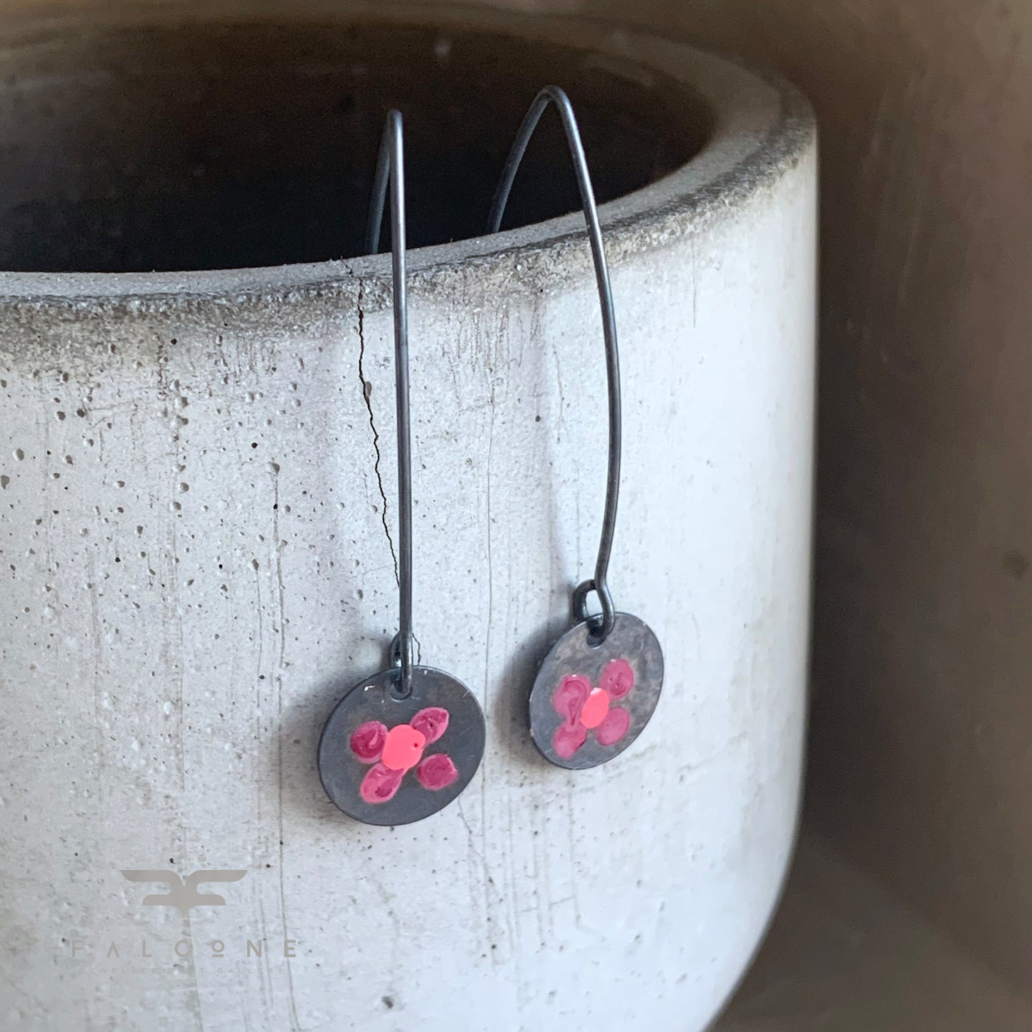 Pendientes de plata con esmalte 'Flores silvestres - Rubí y rosa'