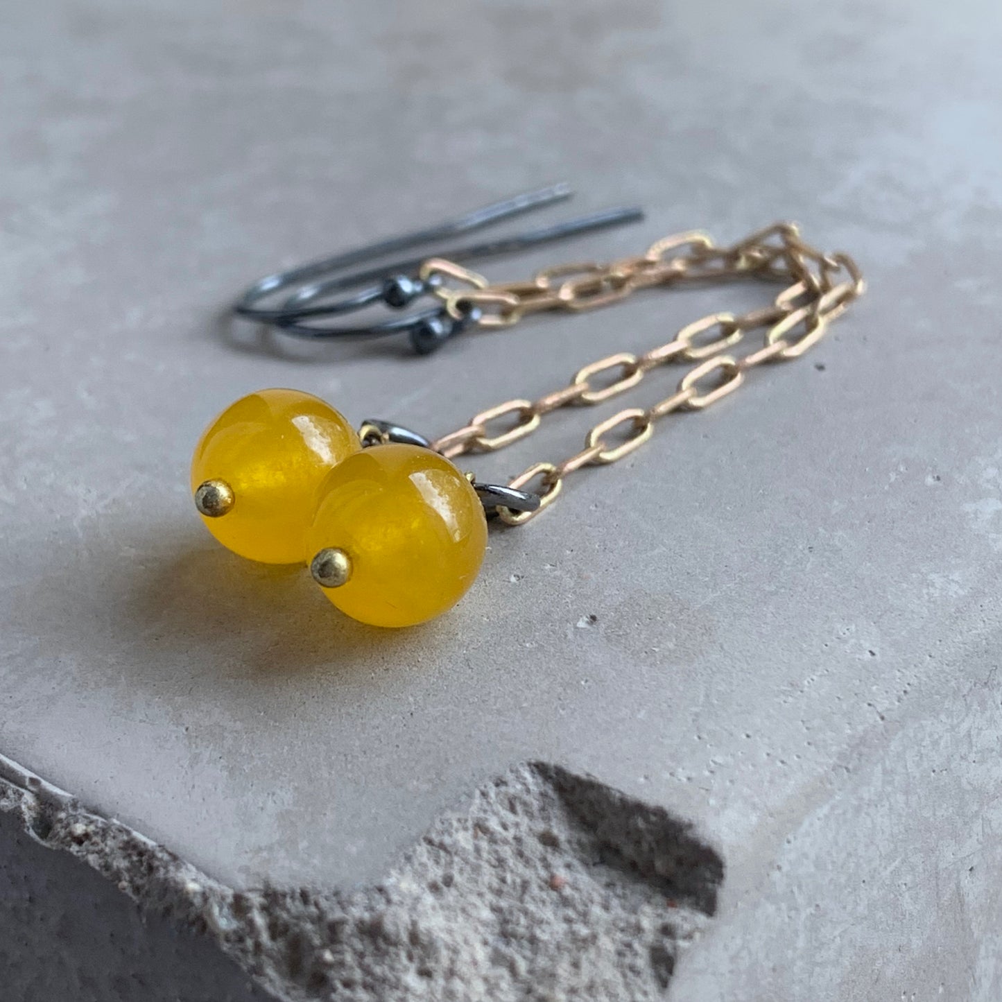 Agate, Brass and Sterling Silver Earrings 'Long Yellow Agate'