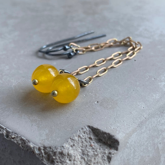 Agate, Brass and Sterling Silver Earrings 'Long Yellow Agate'