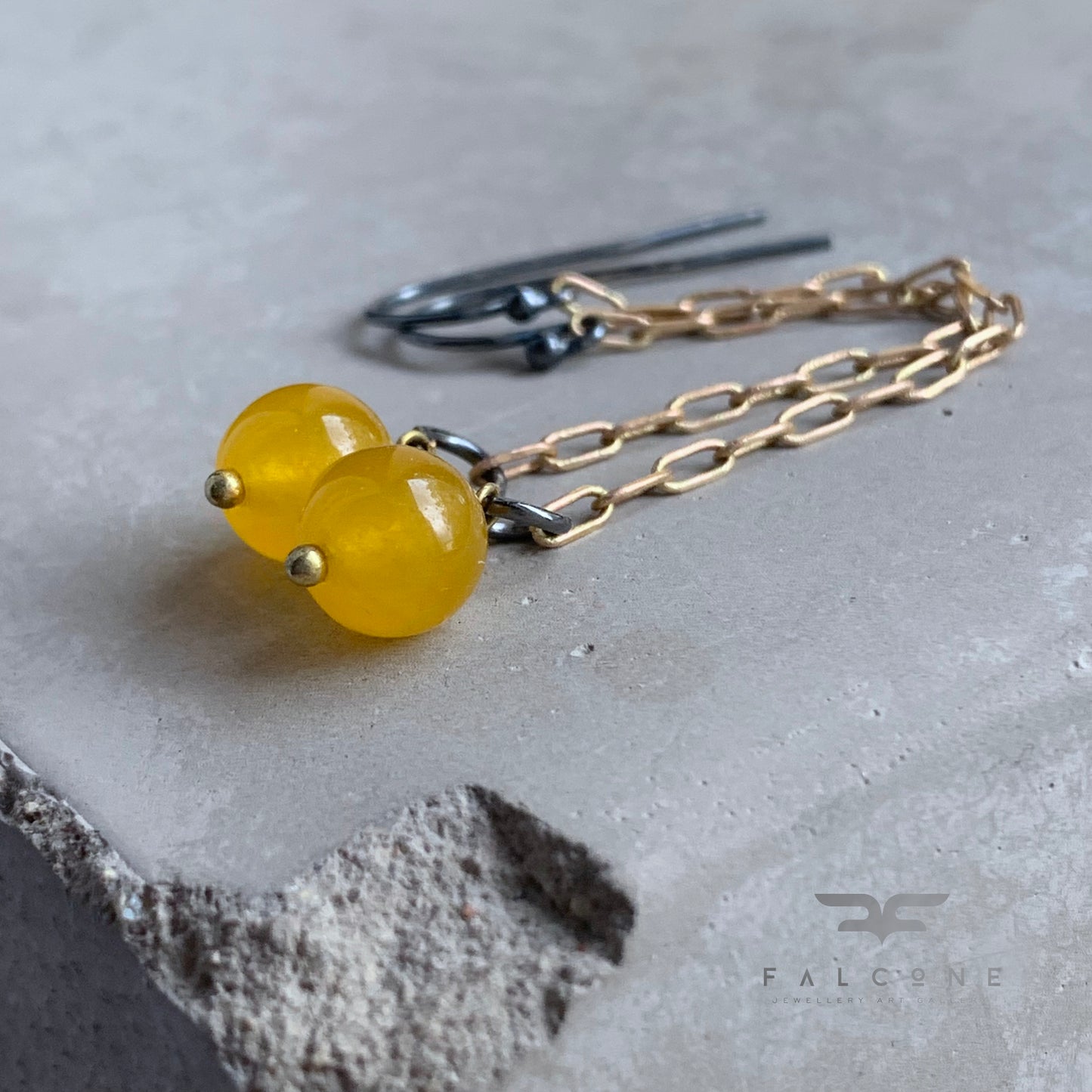 Agate, Brass and Sterling Silver Earrings 'Long Yellow Agate'