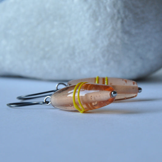 Earrings with silver and glass 'Salmon with Yellow Stripe'