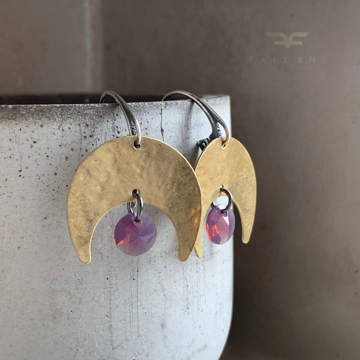 Brass, Sterling Silver and Swarovski Crystal Earrings 'Violet Moonlight'