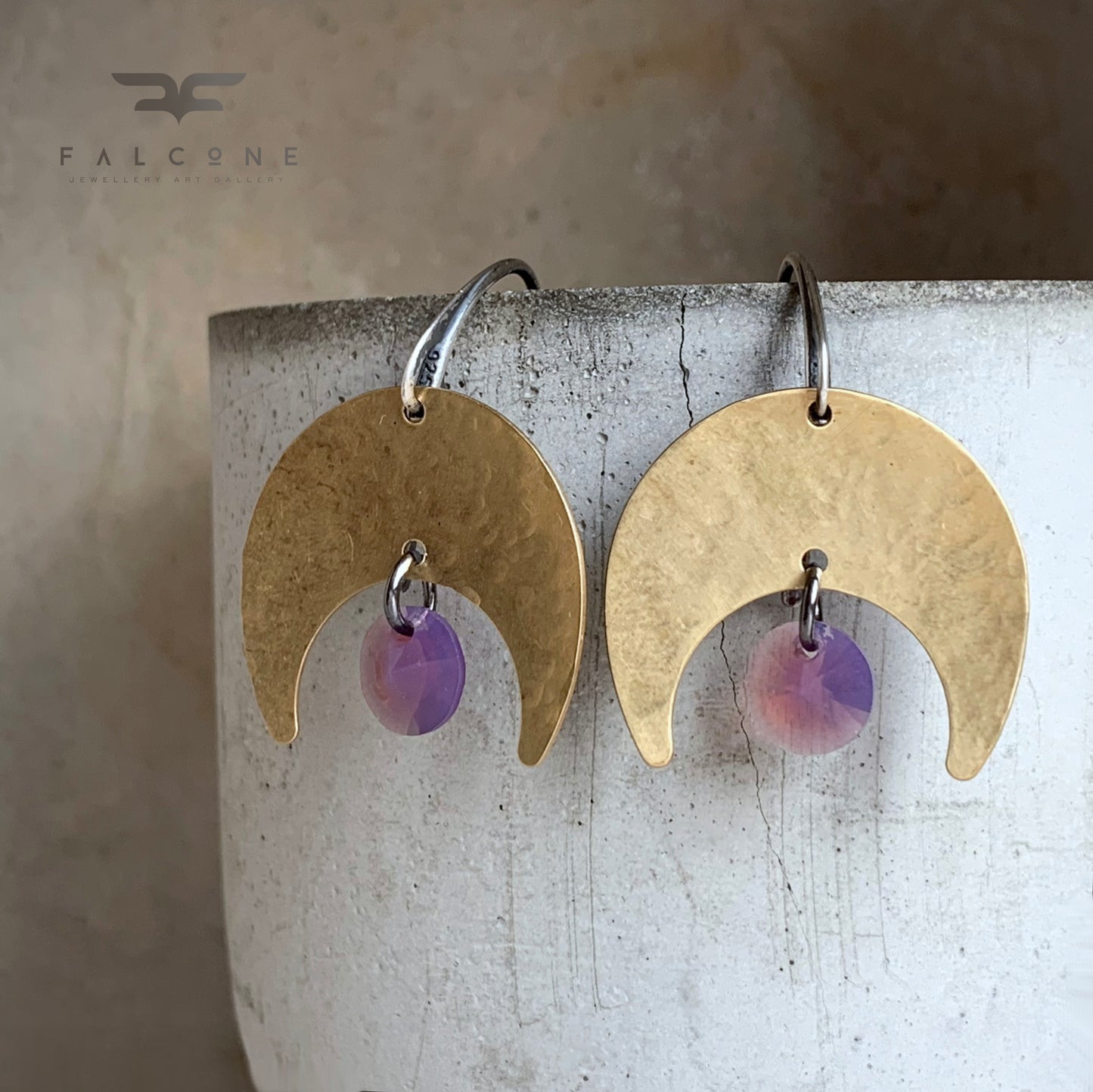 Brass, Sterling Silver and Swarovski Crystal Earrings 'Violet Moonlight'