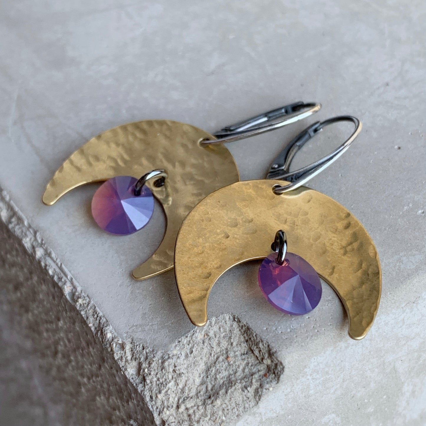 Brass, Sterling Silver and Swarovski Crystal Earrings 'Violet Moonlight'