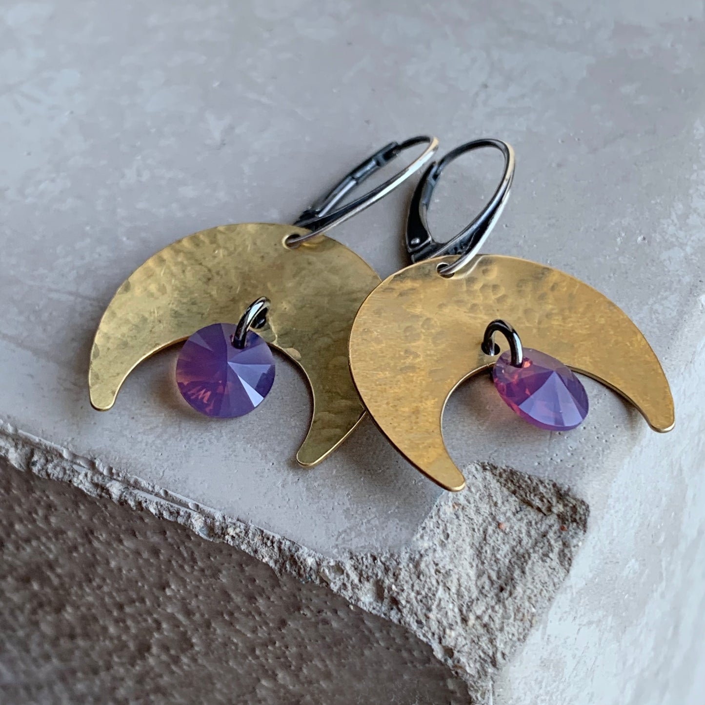Brass, Sterling Silver and Swarovski Crystal Earrings 'Violet Moonlight'