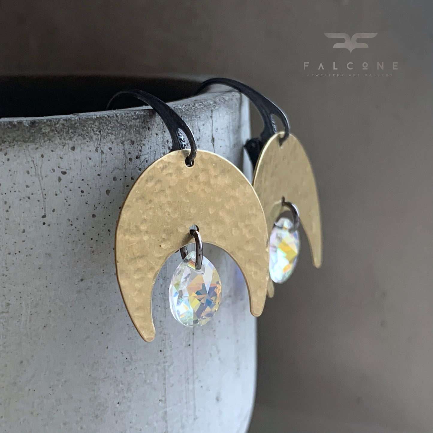 Brass, Silver & Swarovski Crystal Earrings 'Moonlight'