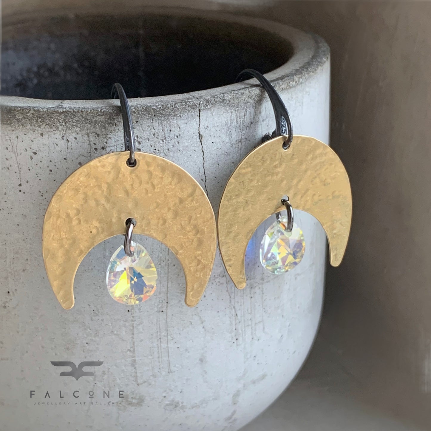 Brass, Silver & Swarovski Crystal Earrings 'Moonlight'