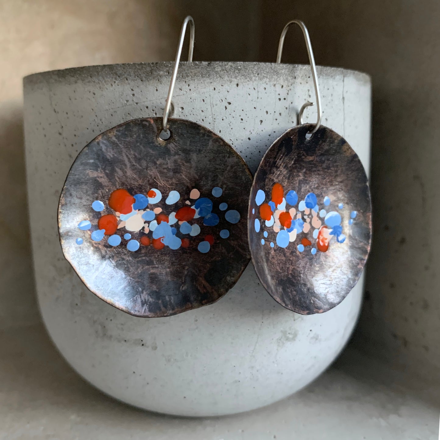 Large copper earrings - hand formed & enameled 'Roses, Poppies, Cornflowers'