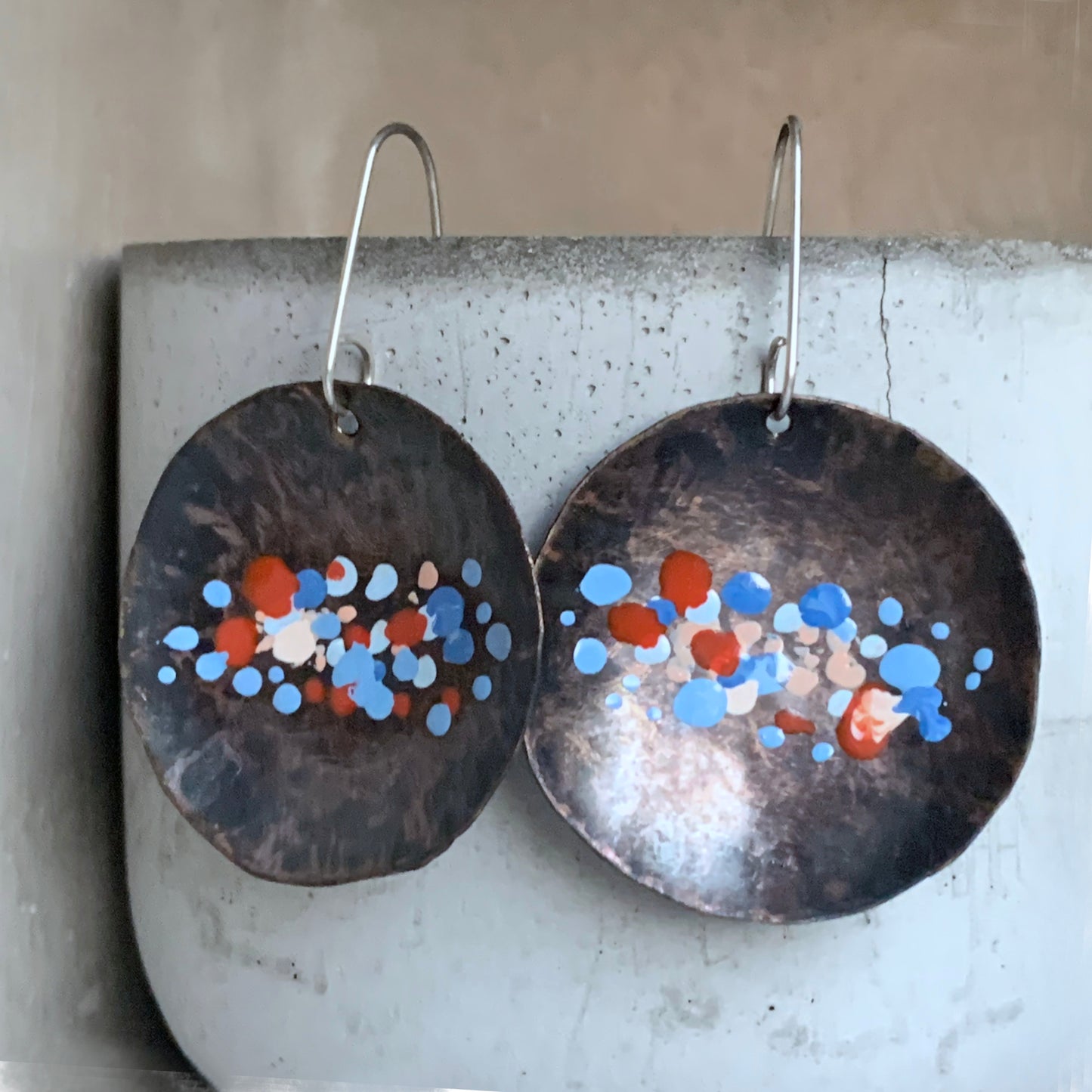 Large copper earrings - hand formed & enameled 'Roses, Poppies, Cornflowers'