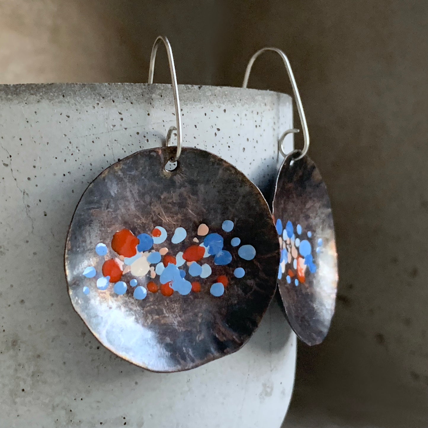 Large copper earrings - hand formed & enameled 'Roses, Poppies, Cornflowers'