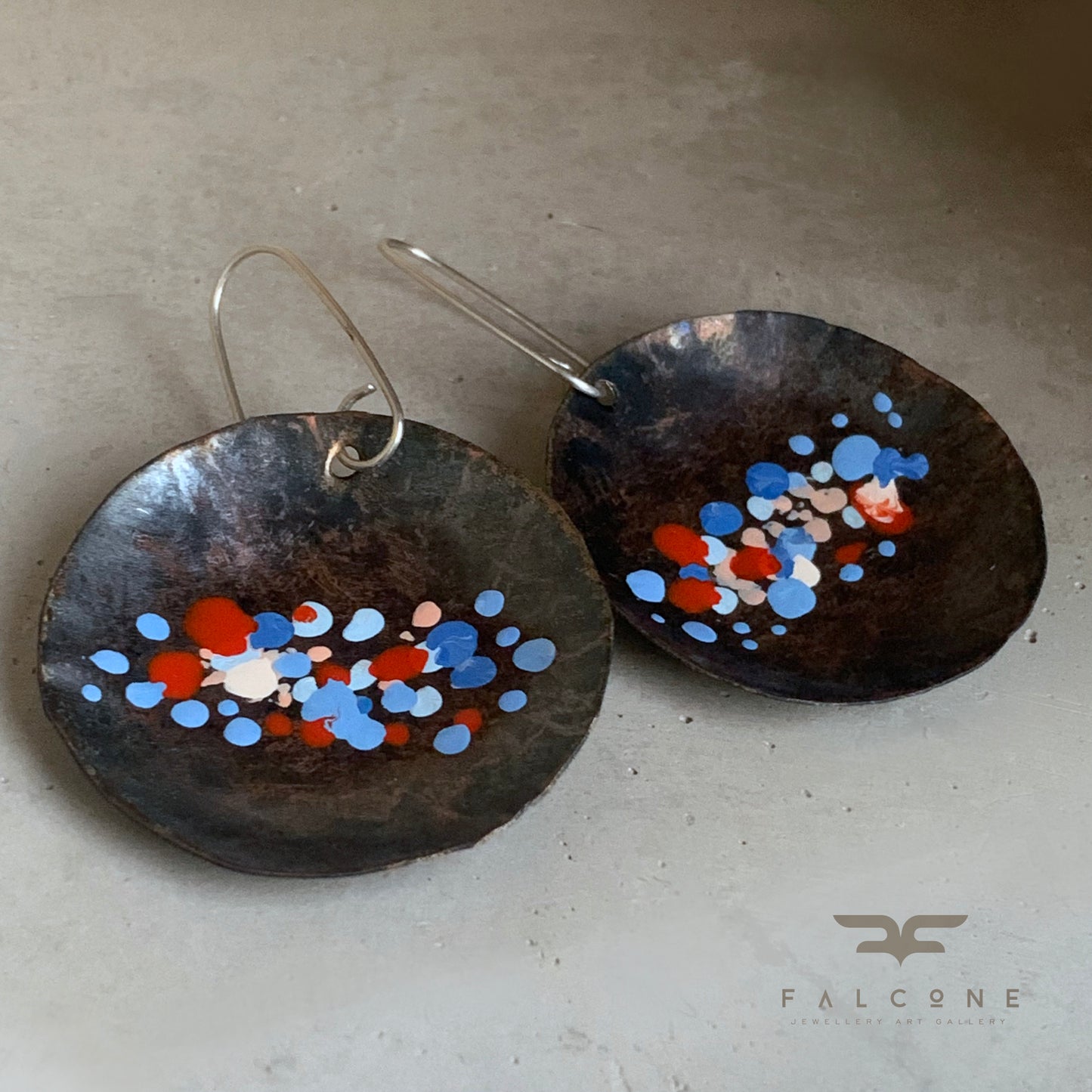 Large copper earrings - hand formed & enameled 'Roses, Poppies, Cornflowers'