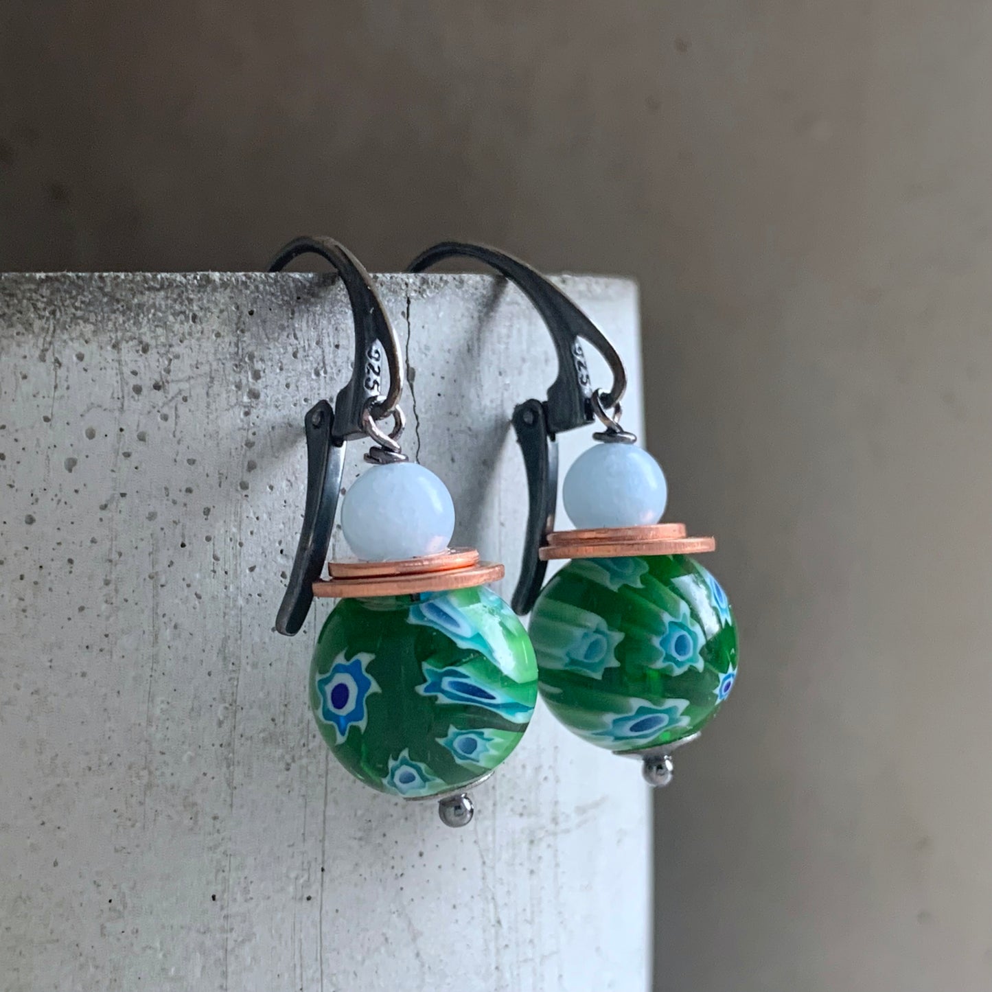Glass, Jadeite, Copper and Silver Earrings 'Green Millefiori - Baby Blue Accent'