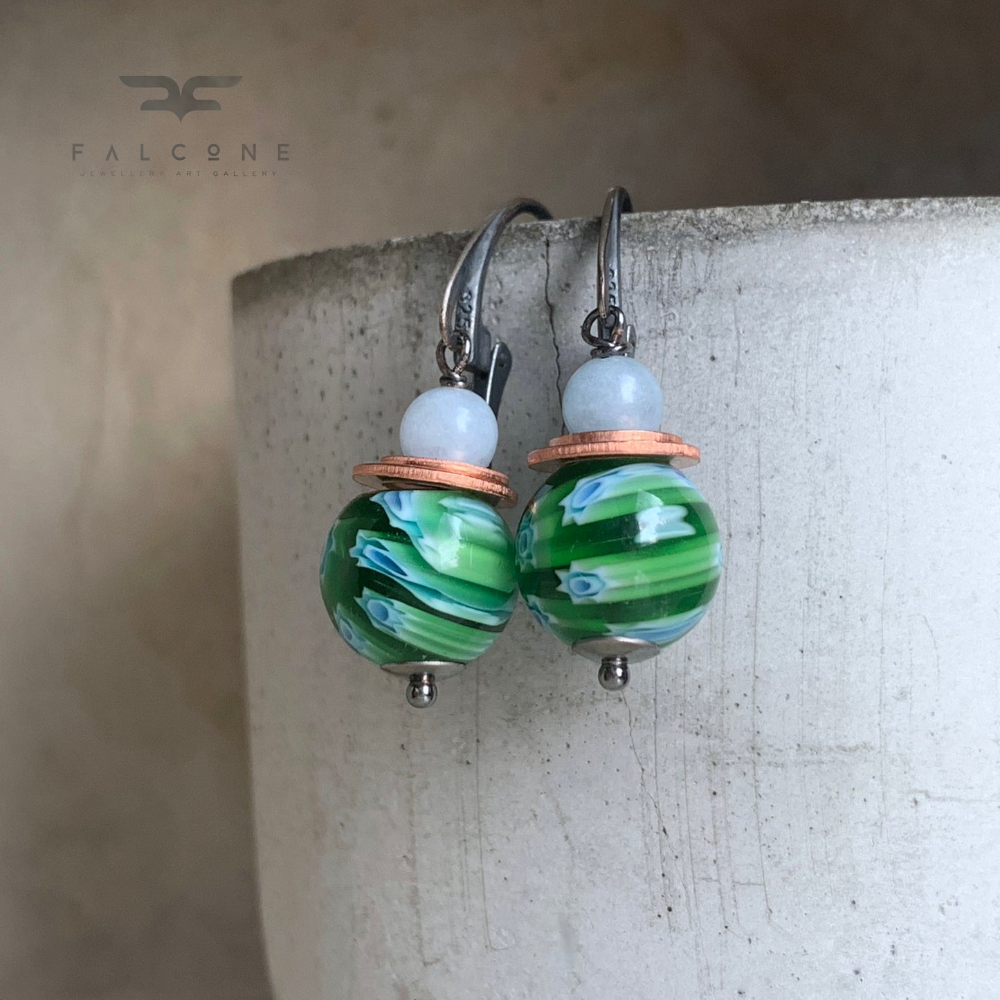 Glass, Jadeite, Copper and Silver Earrings 'Green Millefiori - Baby Blue Accent'