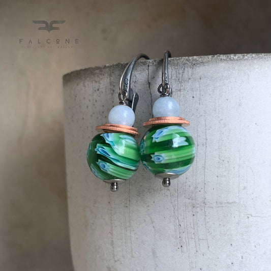 Glass, Jadeite, Copper and Silver Earrings 'Green Millefiori - Baby Blue Accent'