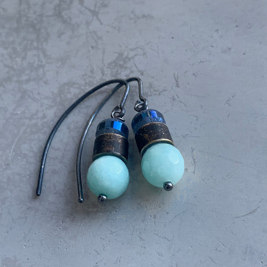 Jadeite, Glass Bead, Brass and Sterling Silver Earrings 'Mint & Denim Blue'