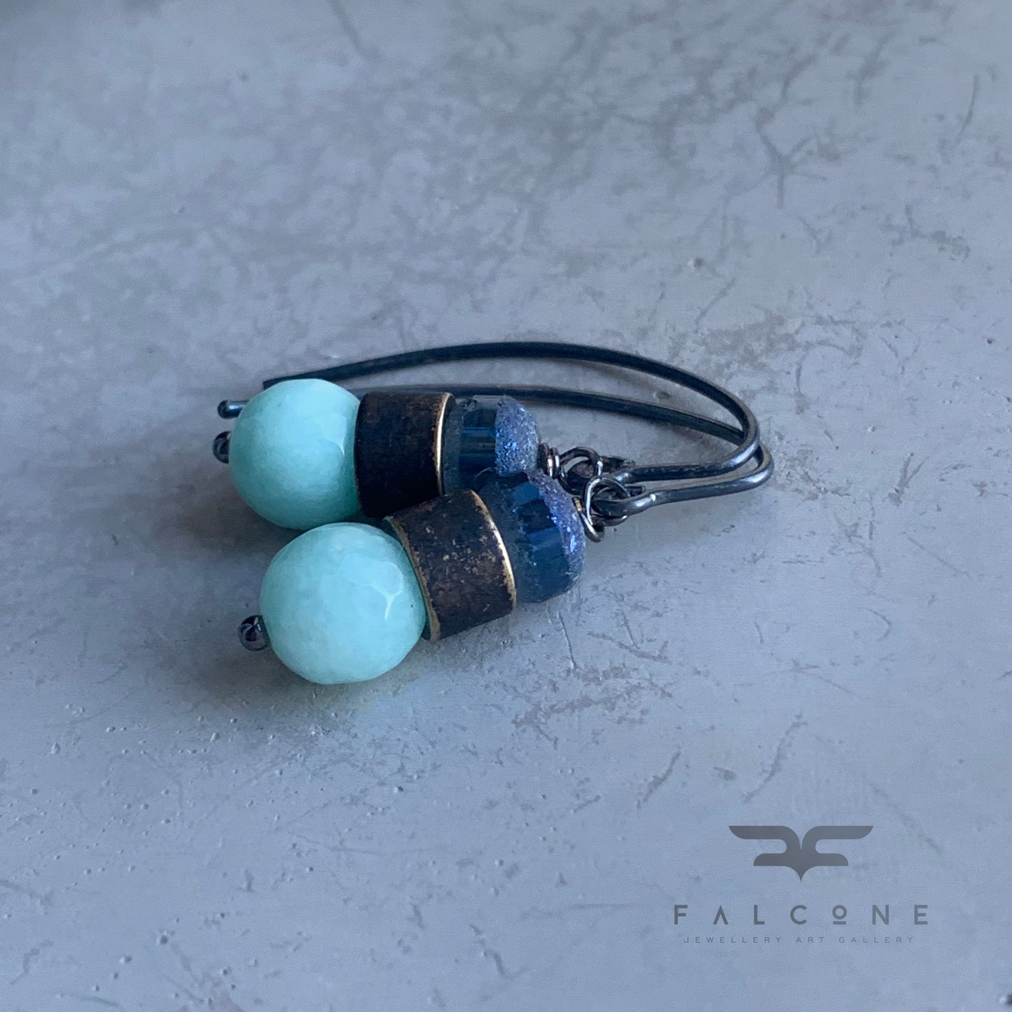 Jadeite, Glass Bead, Brass and Sterling Silver Earrings 'Mint & Denim Blue'