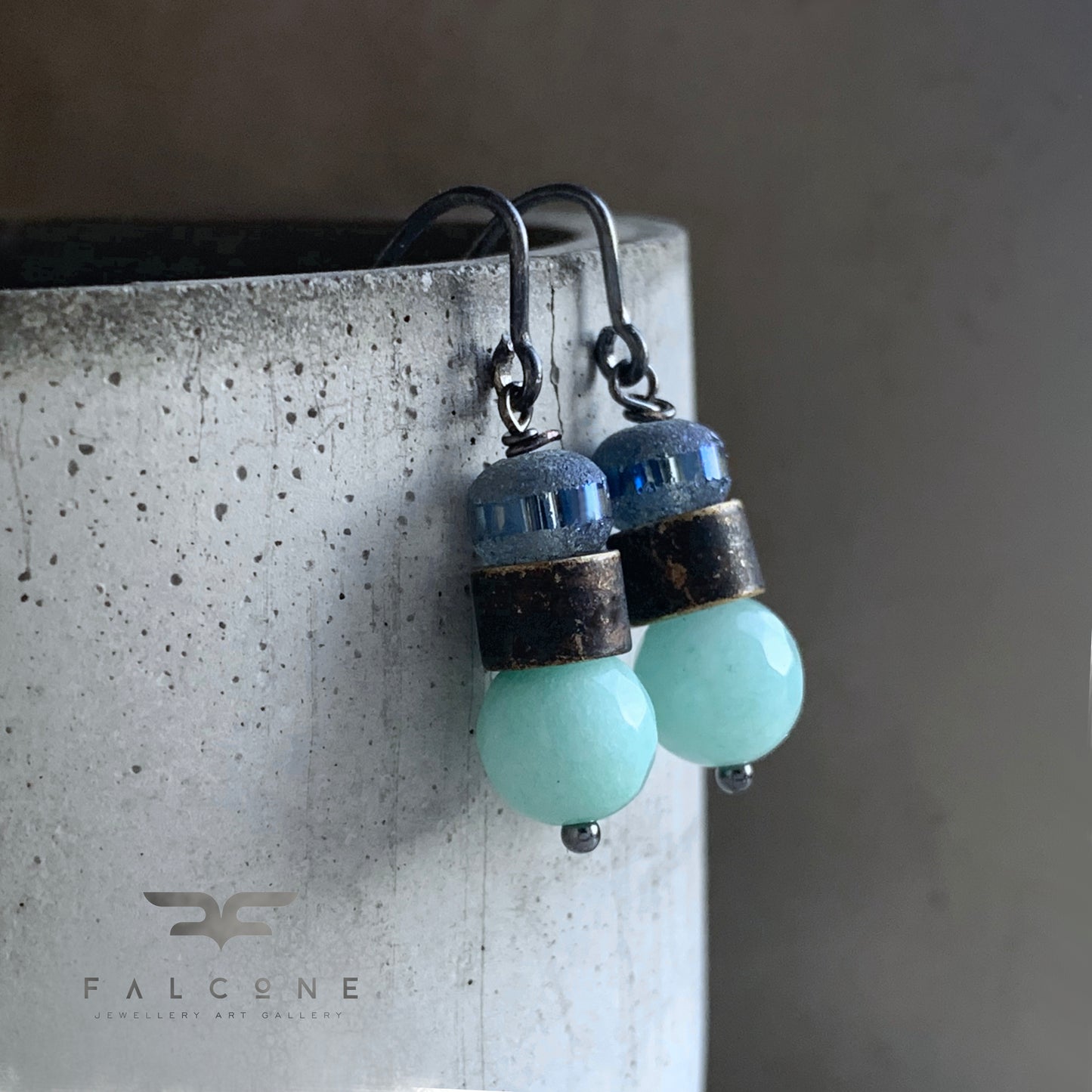 Jadeite, Glass Bead, Brass and Sterling Silver Earrings 'Mint & Denim Blue'
