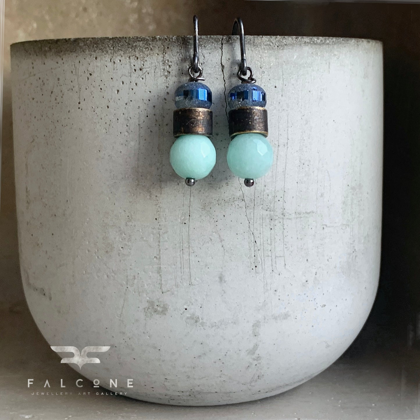 Jadeite, Glass Bead, Brass and Sterling Silver Earrings 'Mint & Denim Blue'