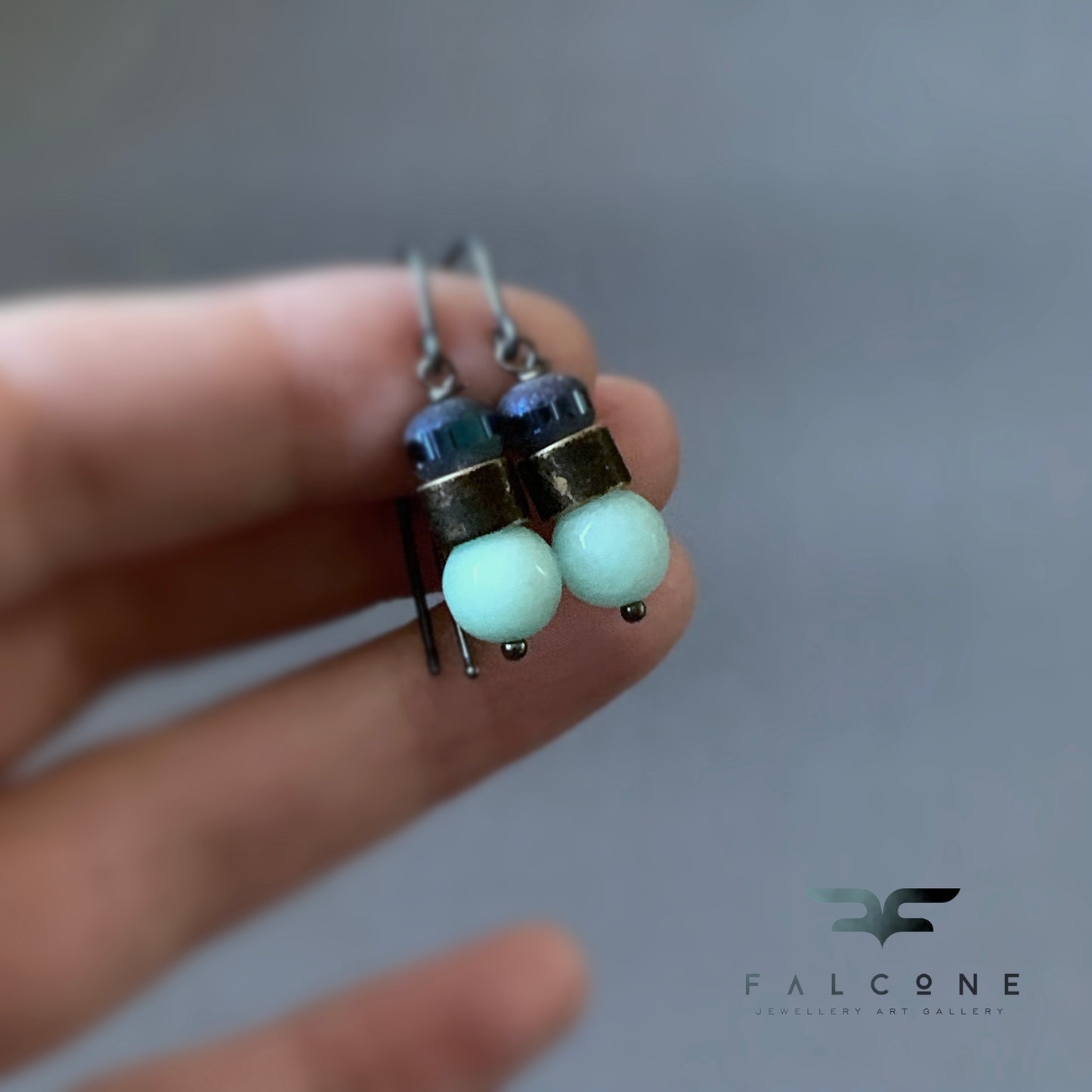 Jadeite, Glass Bead, Brass and Sterling Silver Earrings 'Mint & Denim Blue'