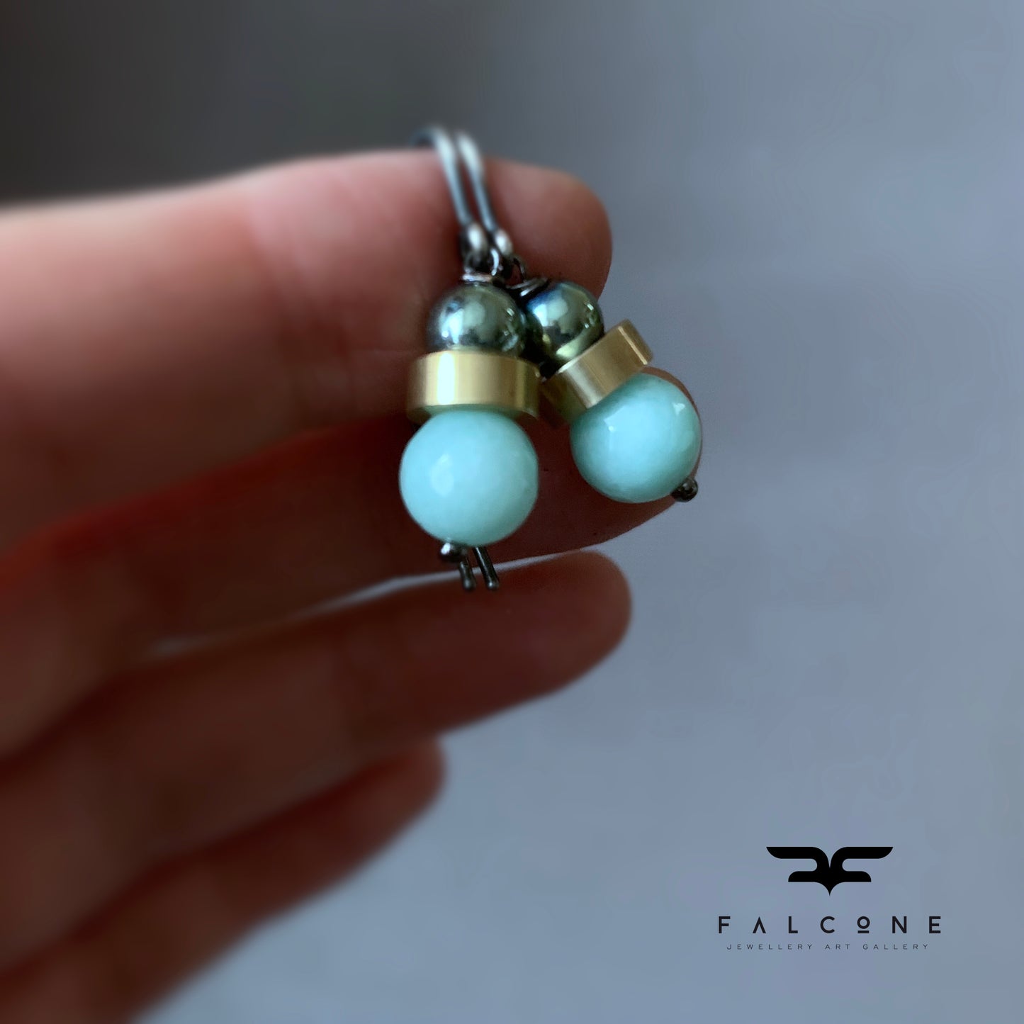 Jadeite, Hematite, Brass and Sterling Silver Earrings 'Mint & Scarab Green'