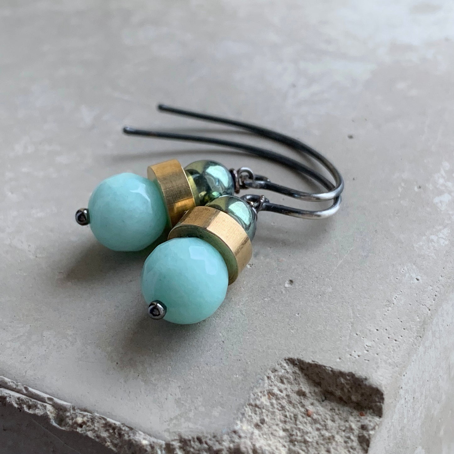 Jadeite, Hematite, Brass and Sterling Silver Earrings 'Mint & Scarab Green'