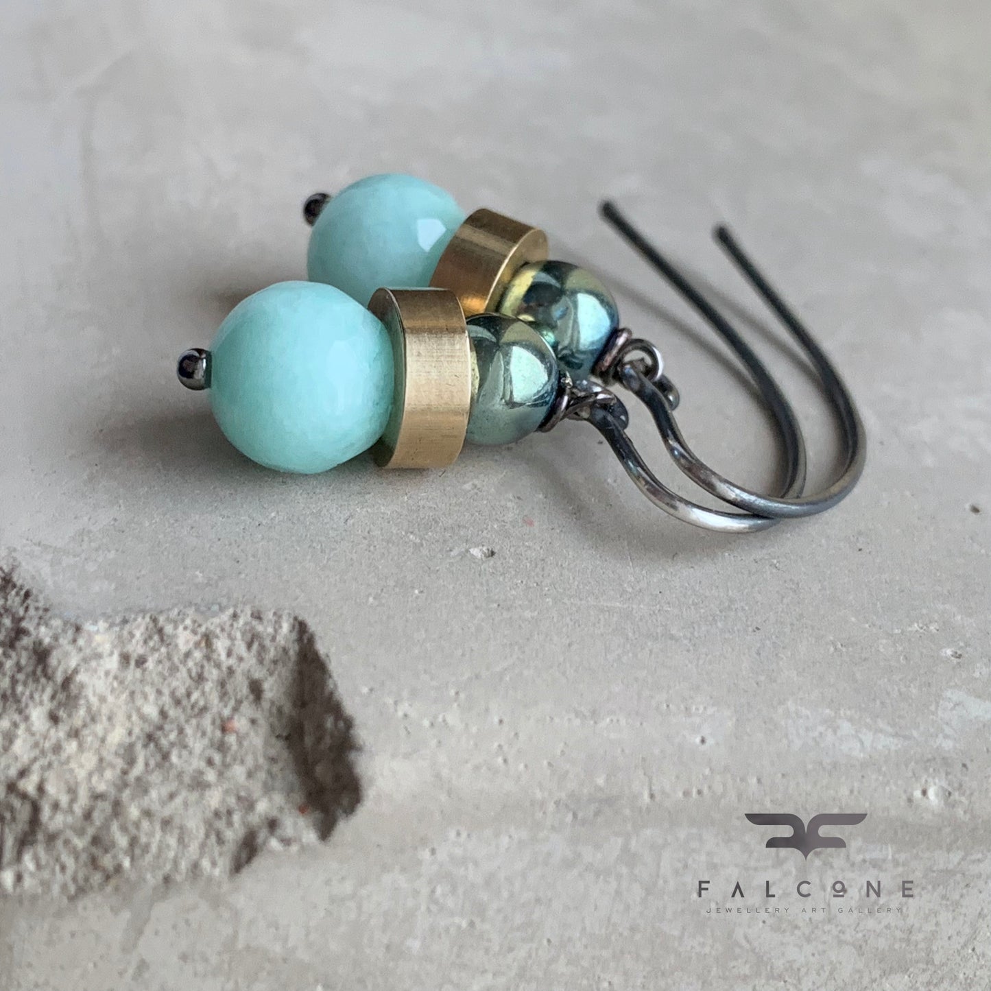 Jadeite, Hematite, Brass and Sterling Silver Earrings 'Mint & Scarab Green'