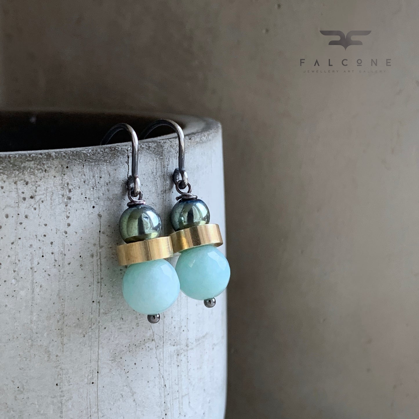 Jadeite, Hematite, Brass and Sterling Silver Earrings 'Mint & Scarab Green'