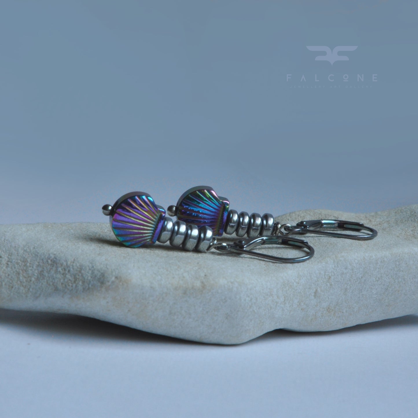 Silver earrings with hematite shells 'Sea Tales'