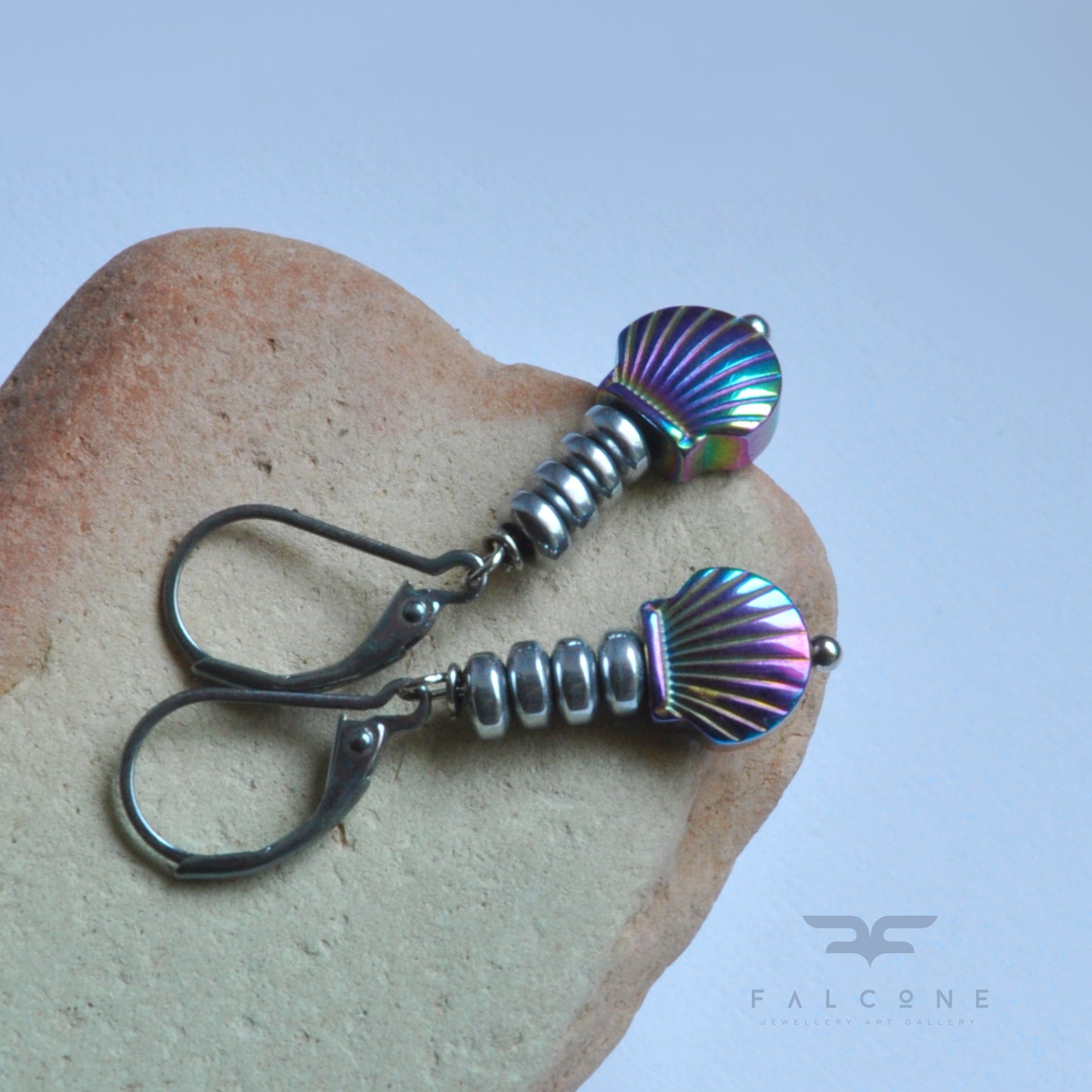 Silver earrings with hematite shells 'Sea Tales'