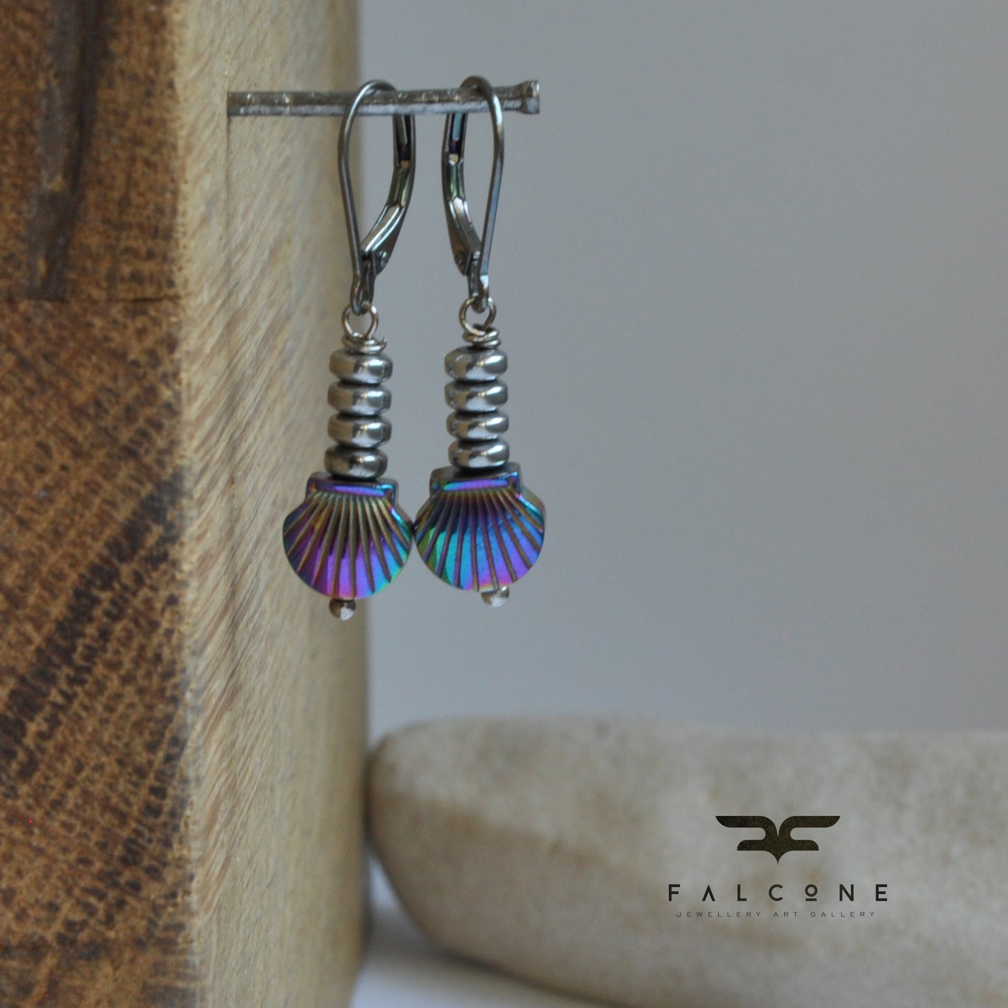 Silver earrings with hematite shells 'Sea Tales'