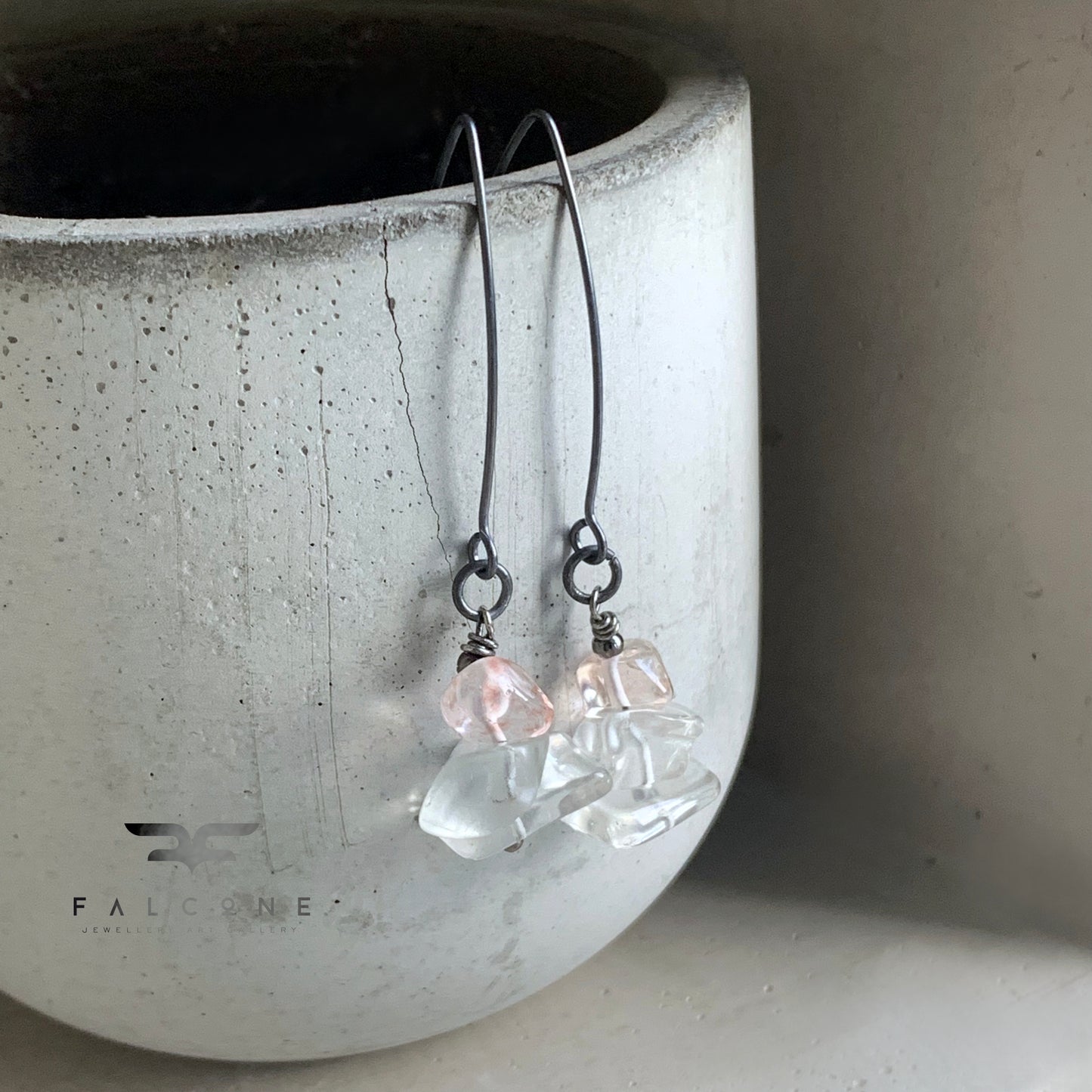 Pendientes de cristales naturales, cuarzo rosa y plata "Crystalline"