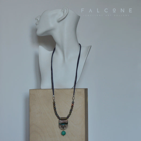 Necklace with engraved & enameled brass pendant and jade ball 'Amazonia'