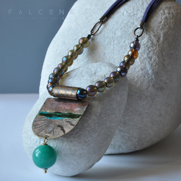 Necklace with engraved & enameled brass pendant and jade ball 'Amazonia'