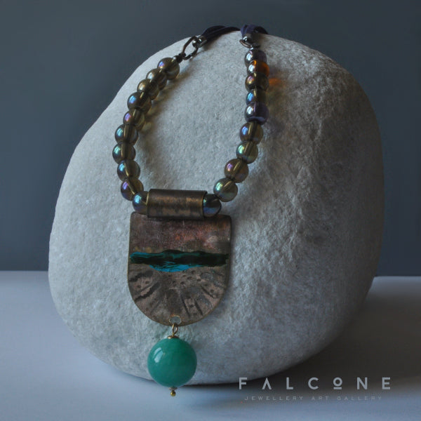 Necklace with engraved & enameled brass pendant and jade ball 'Amazonia'