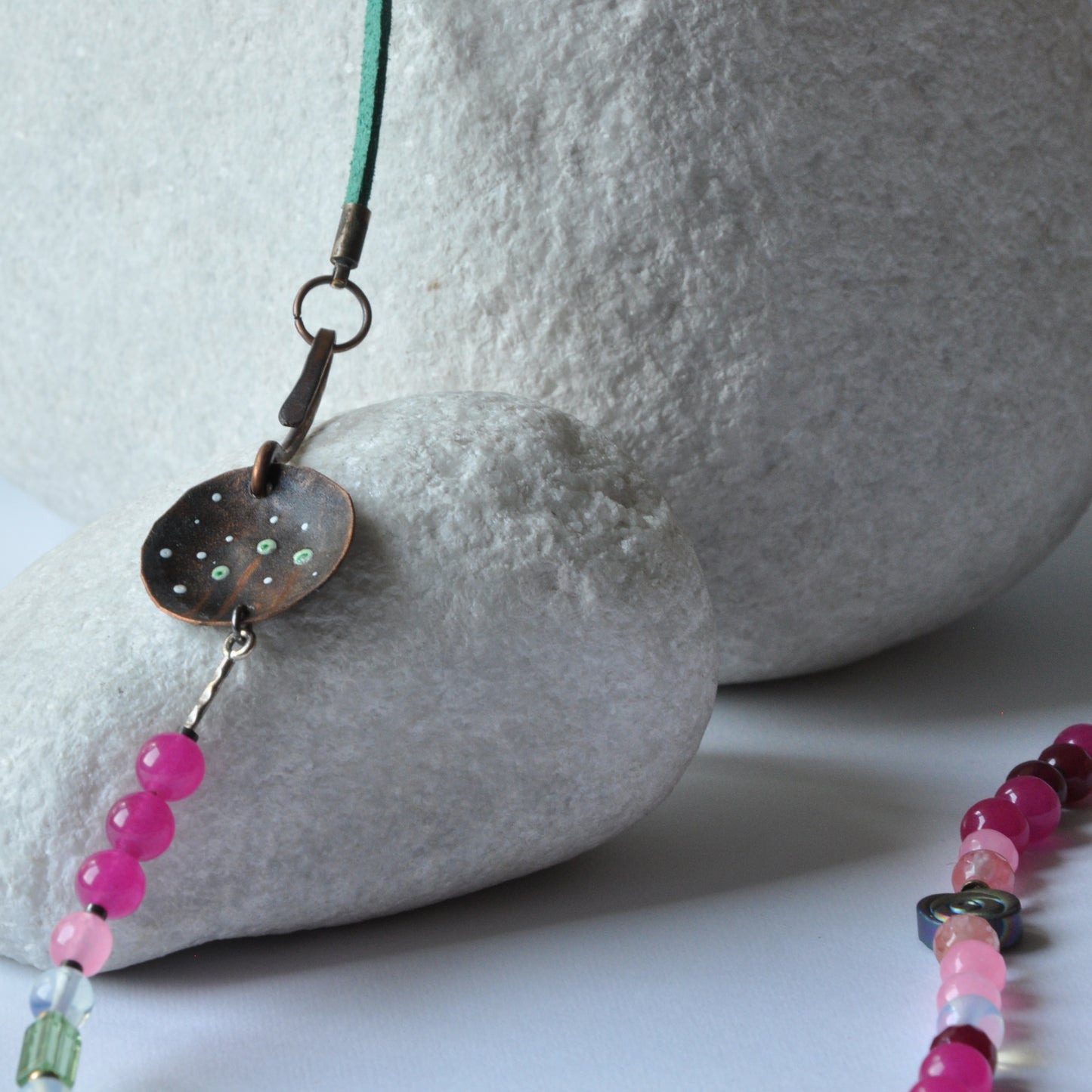 Long necklace with engraved and enameled copper pendant and natural stones 'Fairytale'