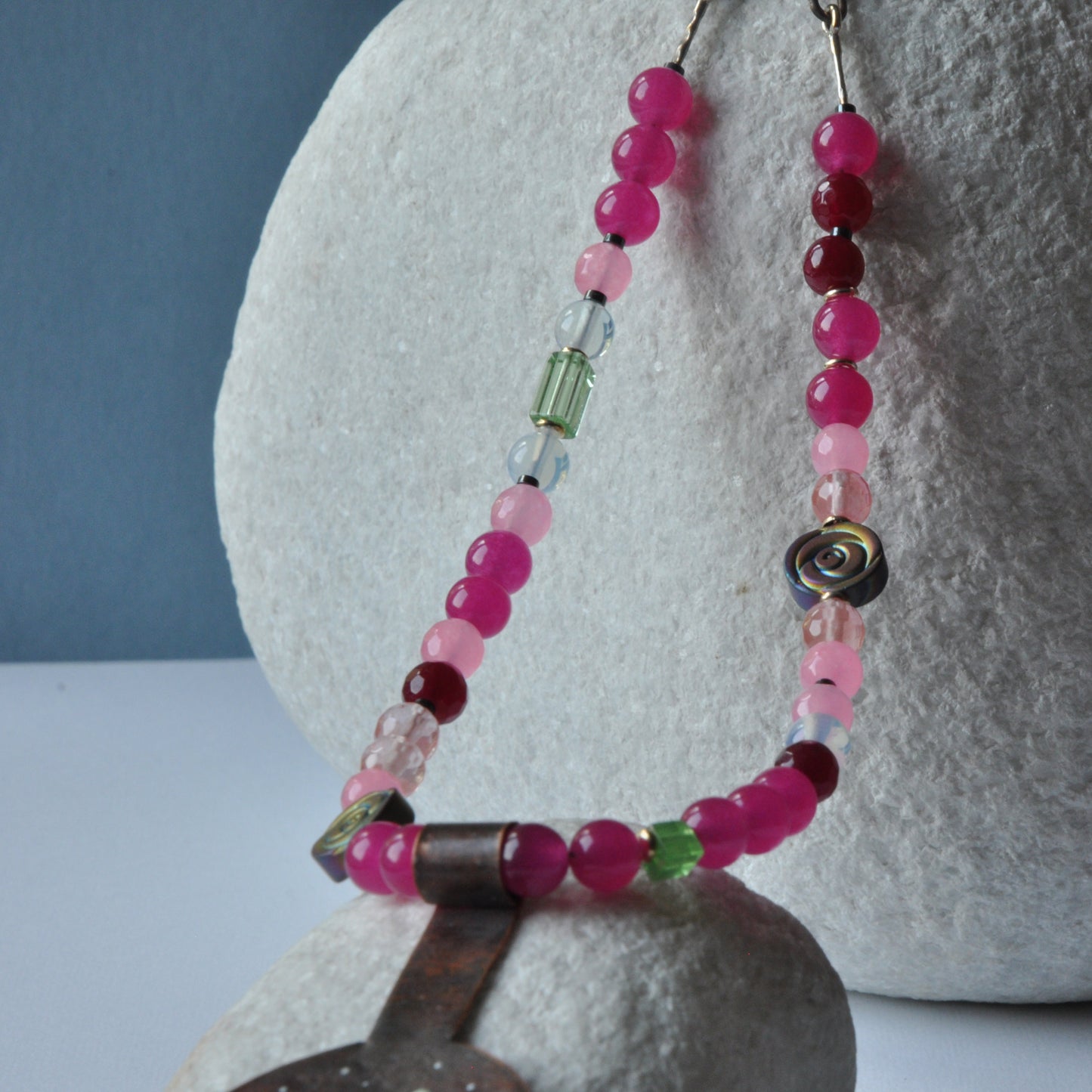 Long necklace with engraved and enameled copper pendant and natural stones 'Fairytale'