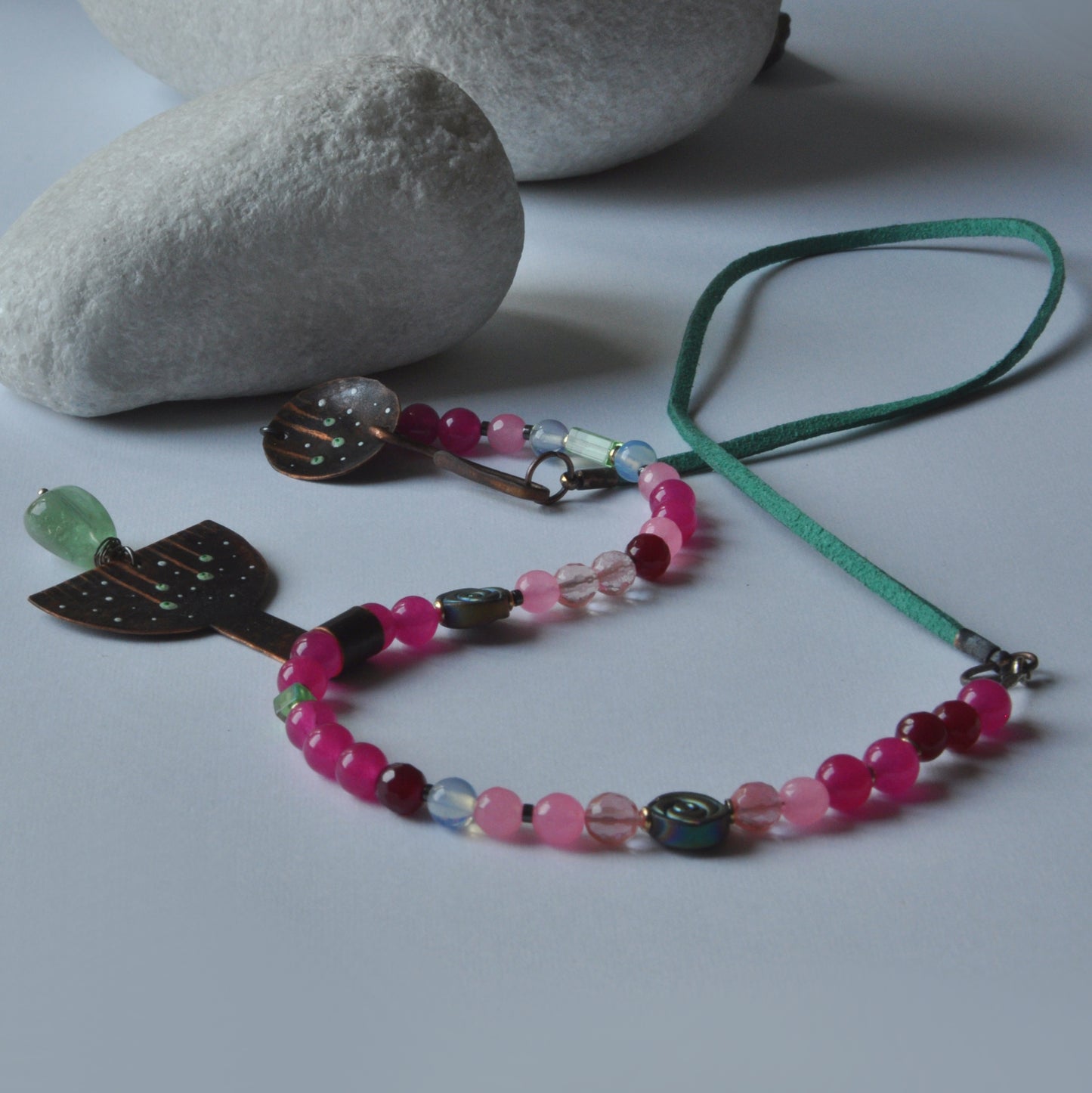 Long necklace with engraved and enameled copper pendant and natural stones 'Fairytale'