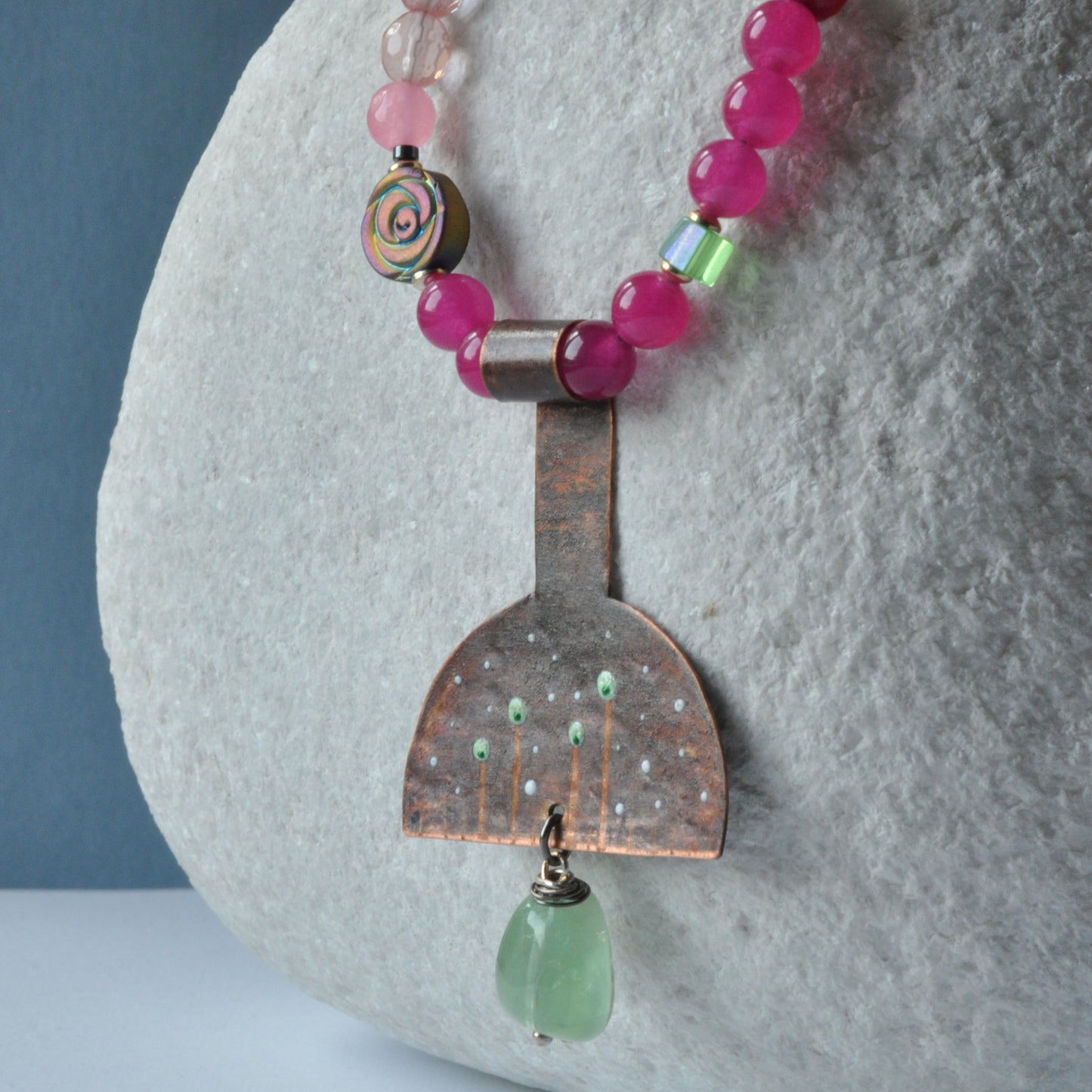 Long necklace with engraved and enameled copper pendant and natural stones 'Fairytale'