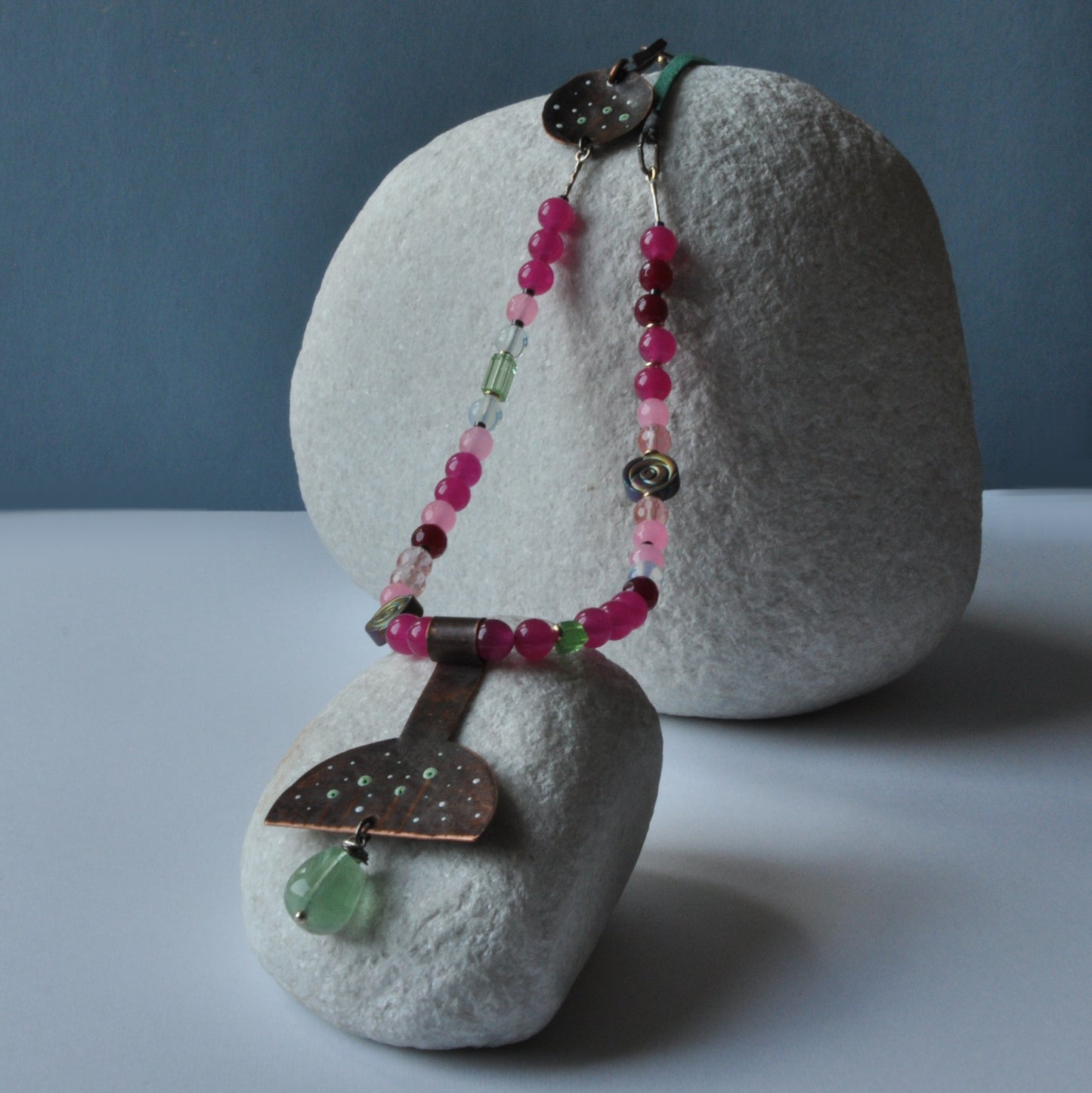 Long necklace with engraved and enameled copper pendant and natural stones 'Fairytale'