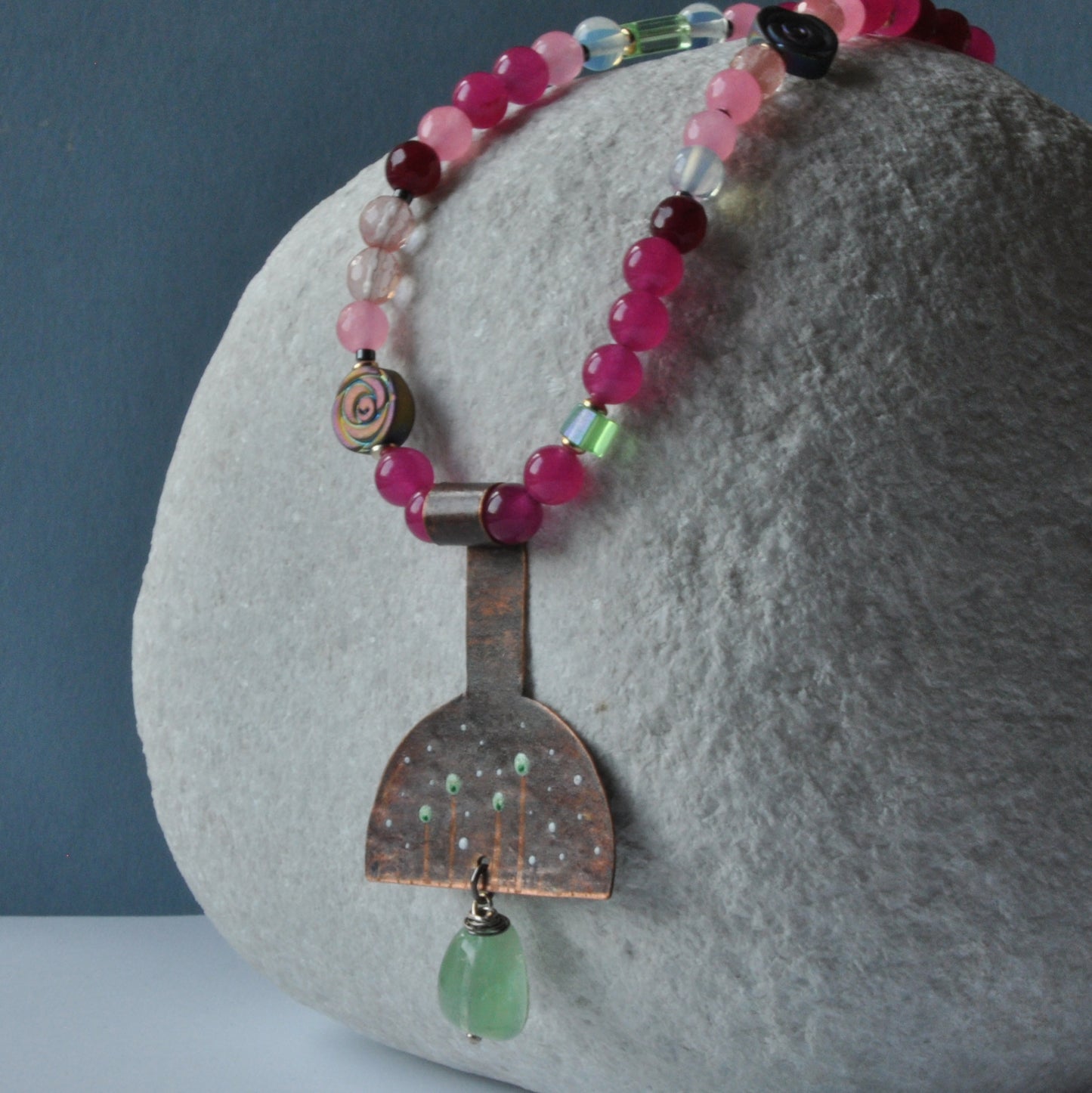 Long necklace with engraved and enameled copper pendant and natural stones 'Fairytale'