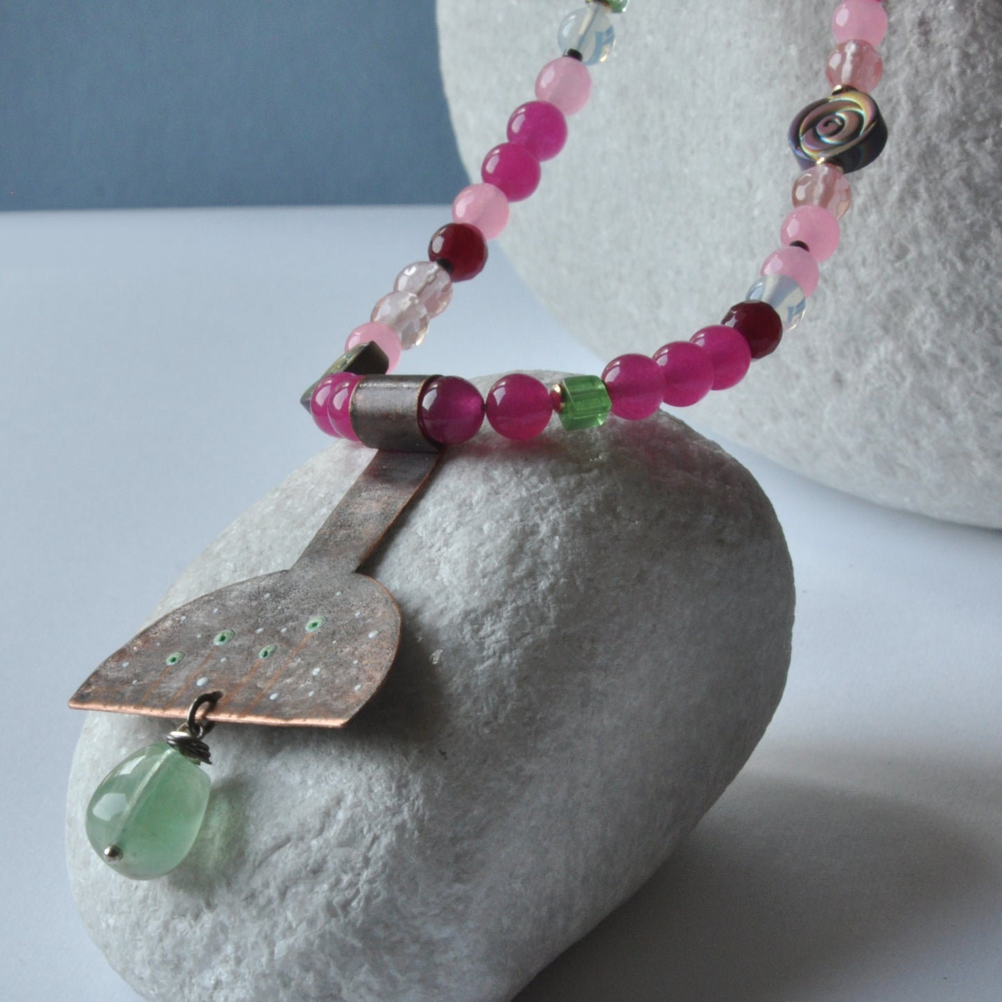 Long necklace with engraved and enameled copper pendant and natural stones 'Fairytale'