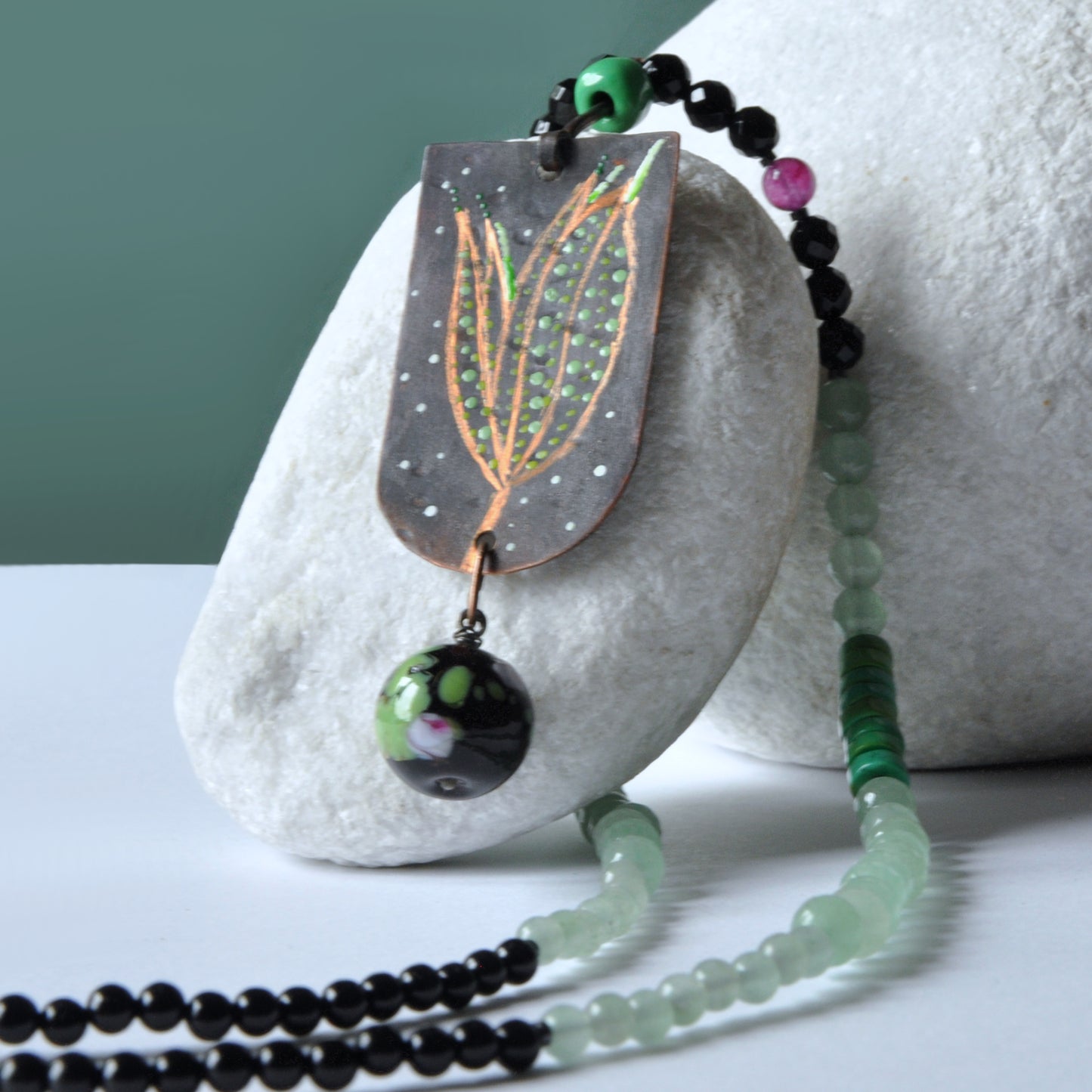 Large necklace of silver, forged copper, engraved and enameled and natural stones 'Fern Flower'