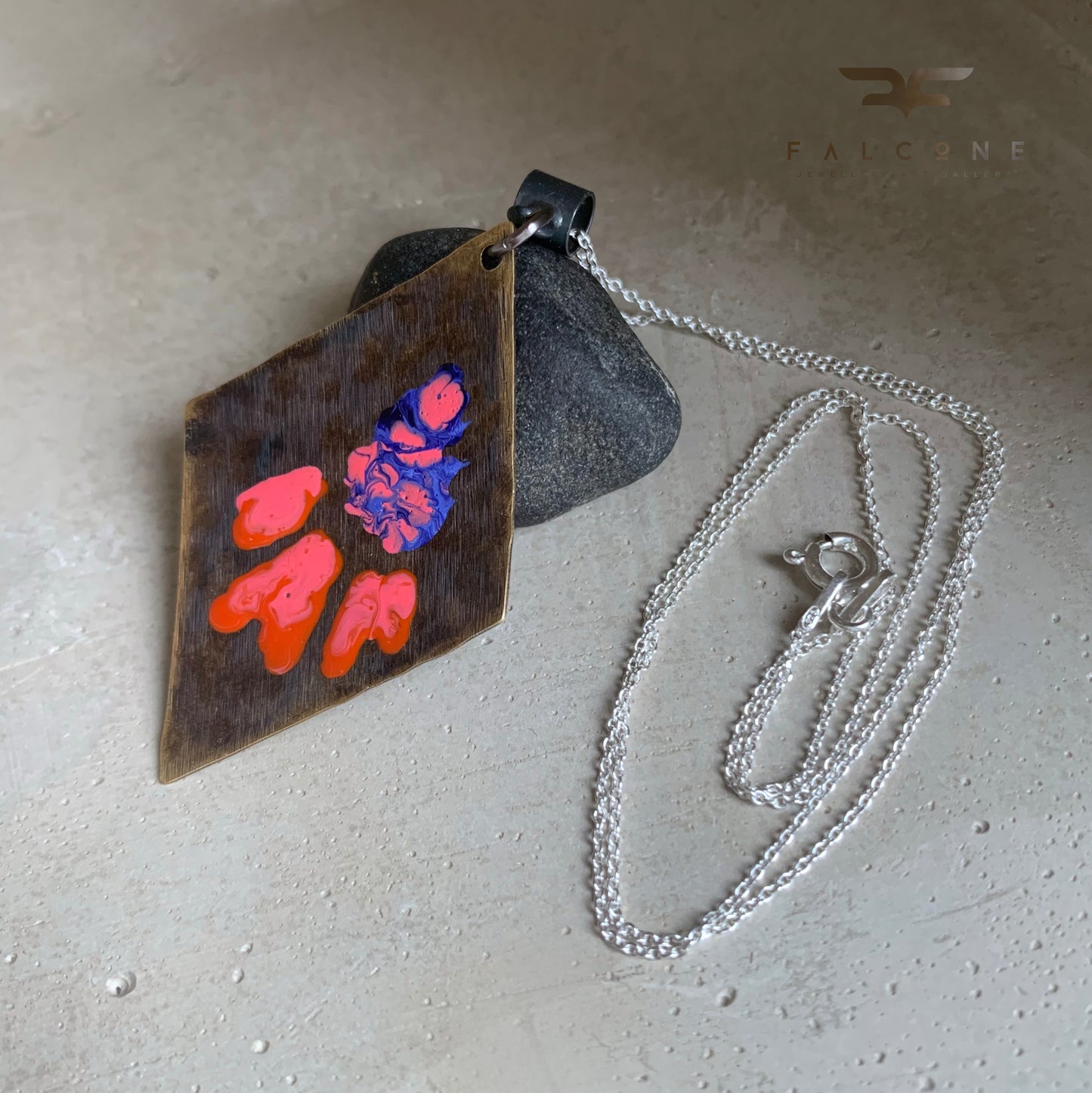 Necklace made of patinated brass and silver 'Flowers - Violet and Orange with Pink'