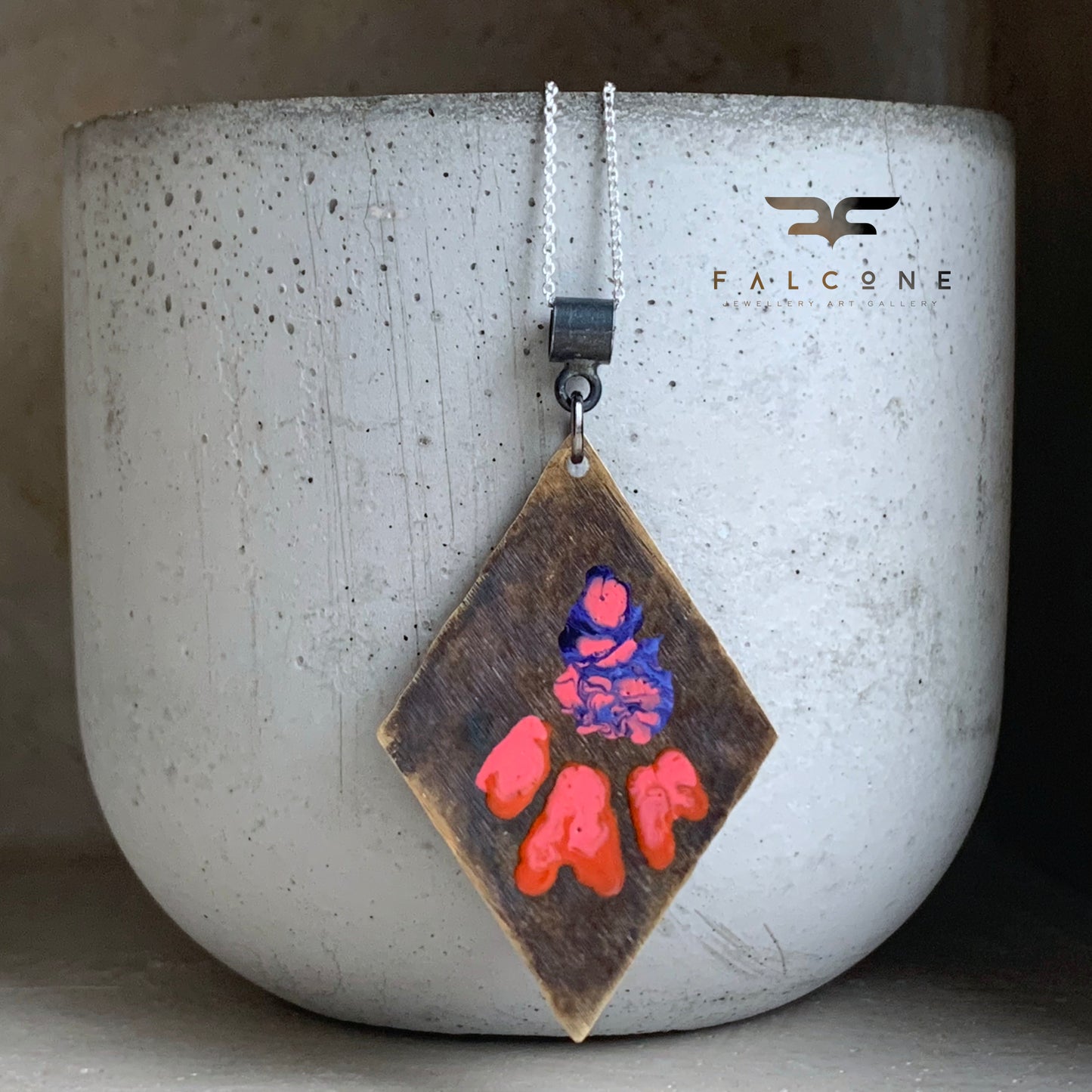 Necklace made of patinated brass and silver 'Flowers - Violet and Orange with Pink'