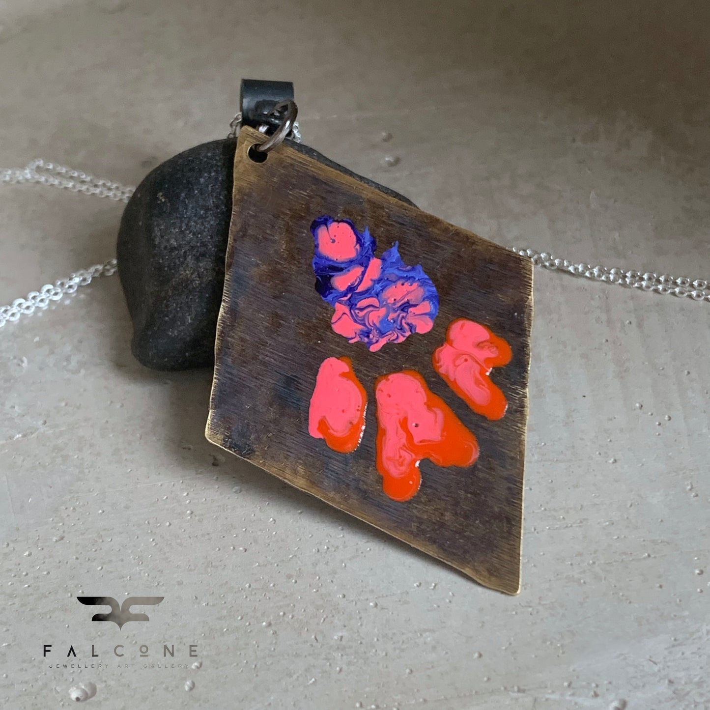 Necklace made of patinated brass and silver 'Flowers - Violet and Orange with Pink'